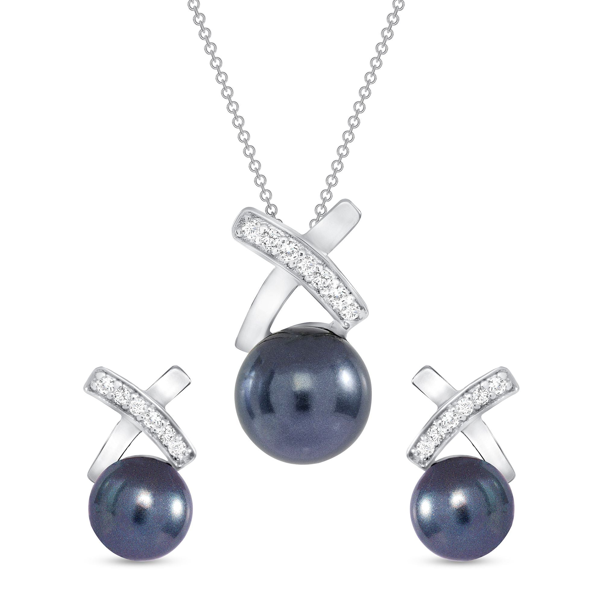 925 Sterling Silver Black Pearl with Round Cut CZ Accents XO Pendant &amp; Stud Earrings Jewelry Set