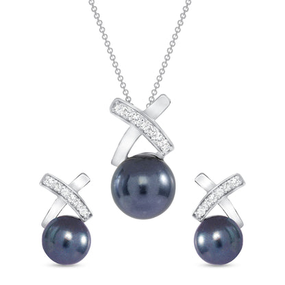 925 Sterling Silver Black Pearl with Round Cut CZ Accents XO Pendant &amp; Stud Earrings Jewelry Set