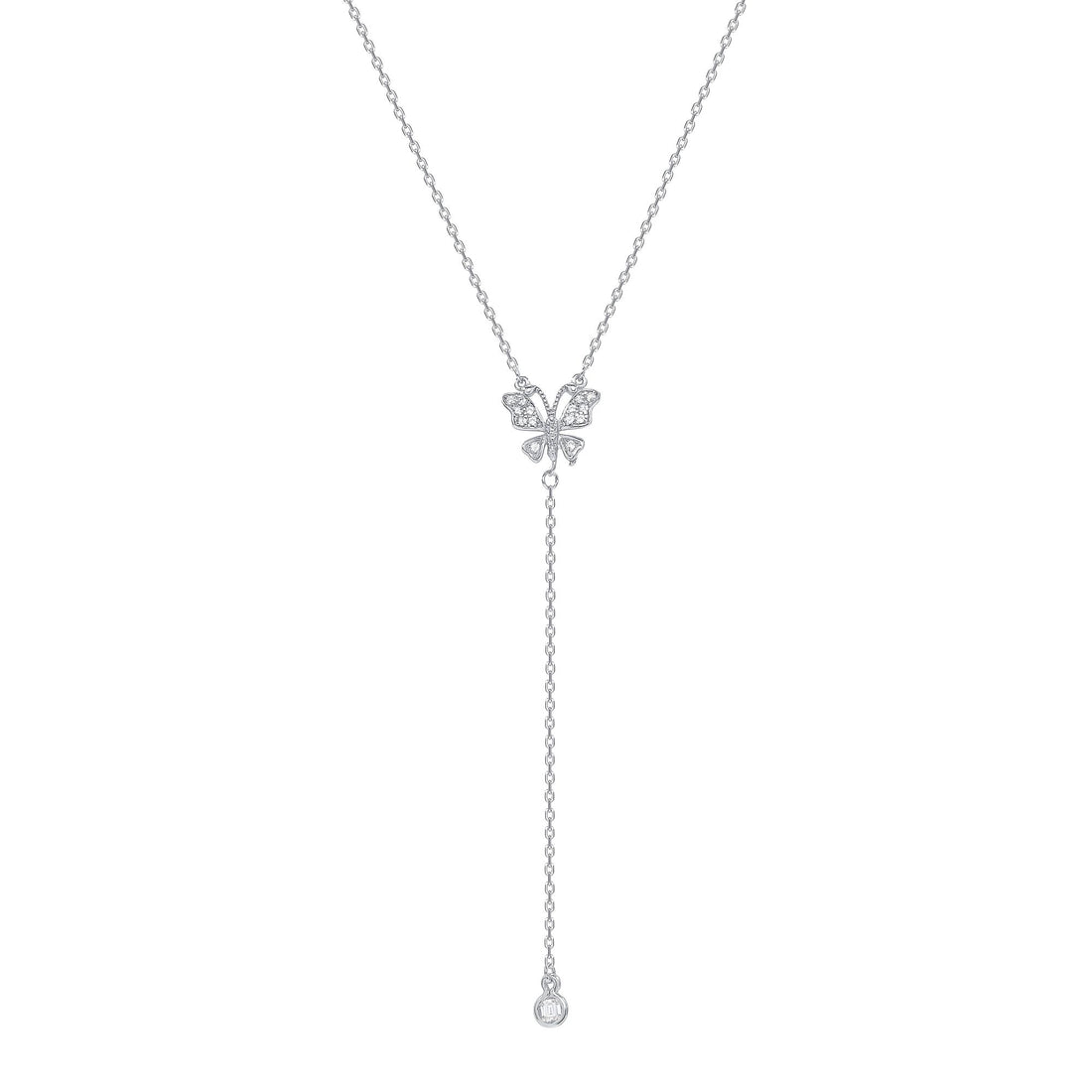 925 Sterling Silver CZ Accented Butterfly Lariat Necklace