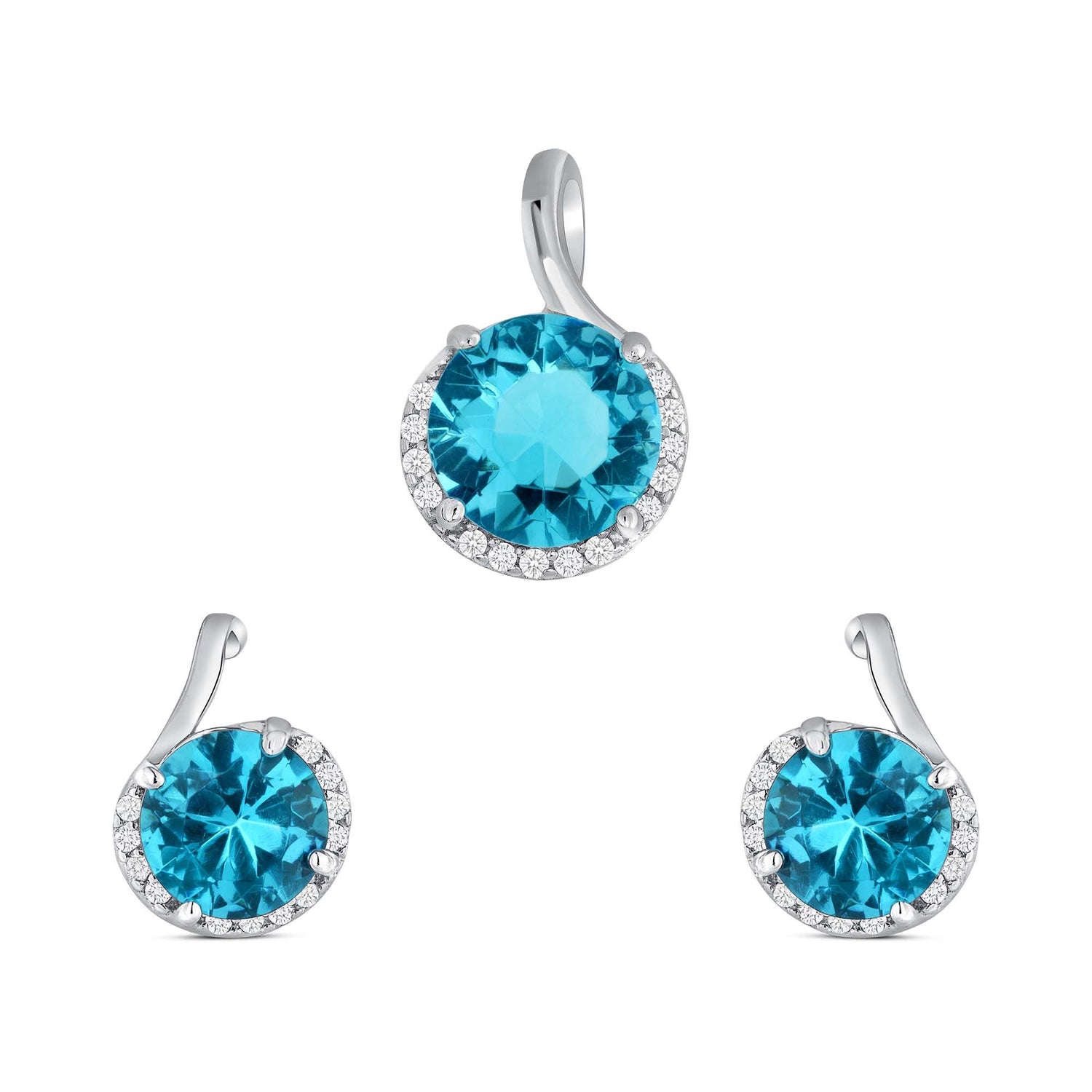 925 Sterling Silver Round Cut Light Blue CZ with Round Cut White CZ Partial Halo Pendant &amp; Stud Earrings Jewelry Set