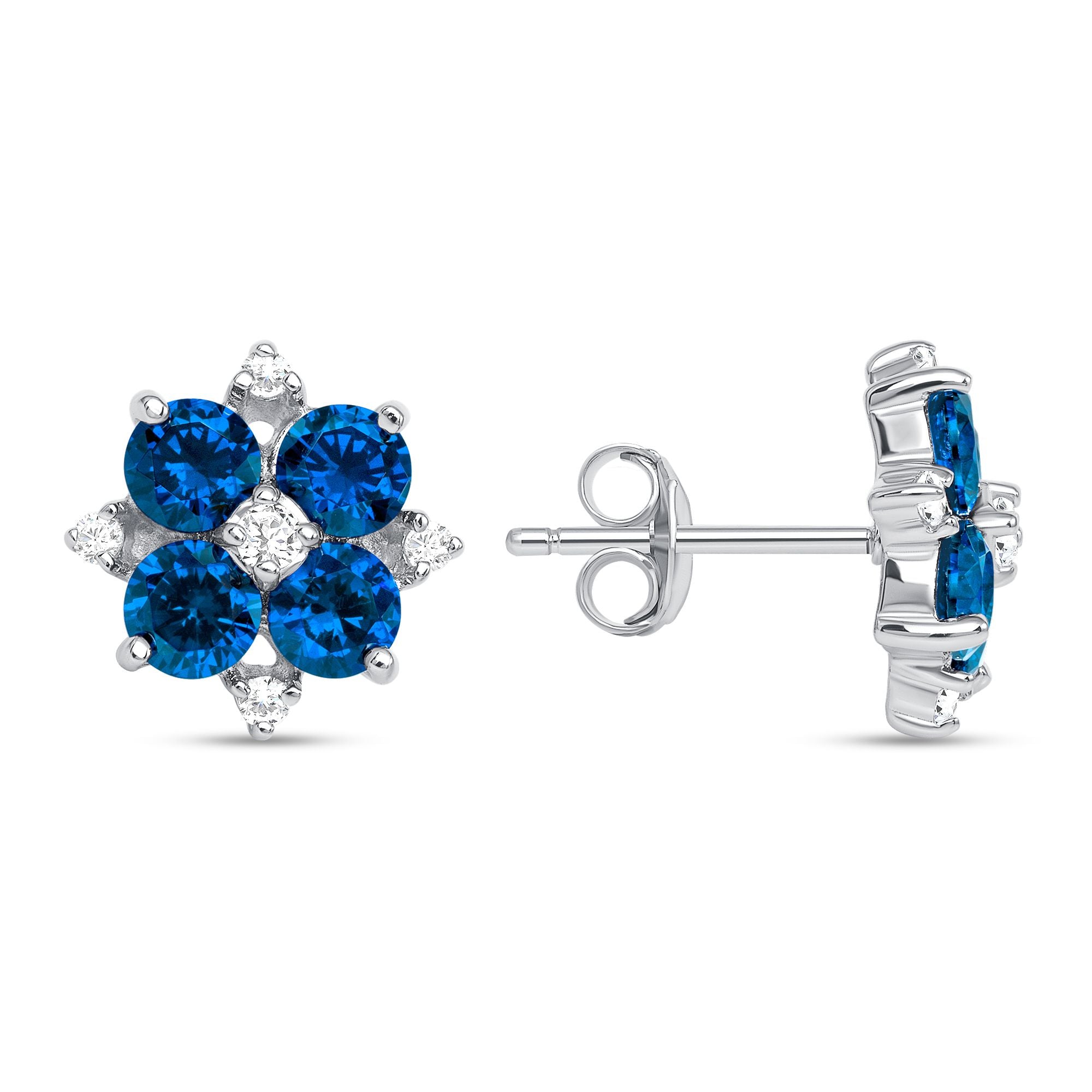 925 Sterling Silver Round Cut Blue &amp; White CZ Flower Pendant &amp; Stud Earrings Jewelry Set