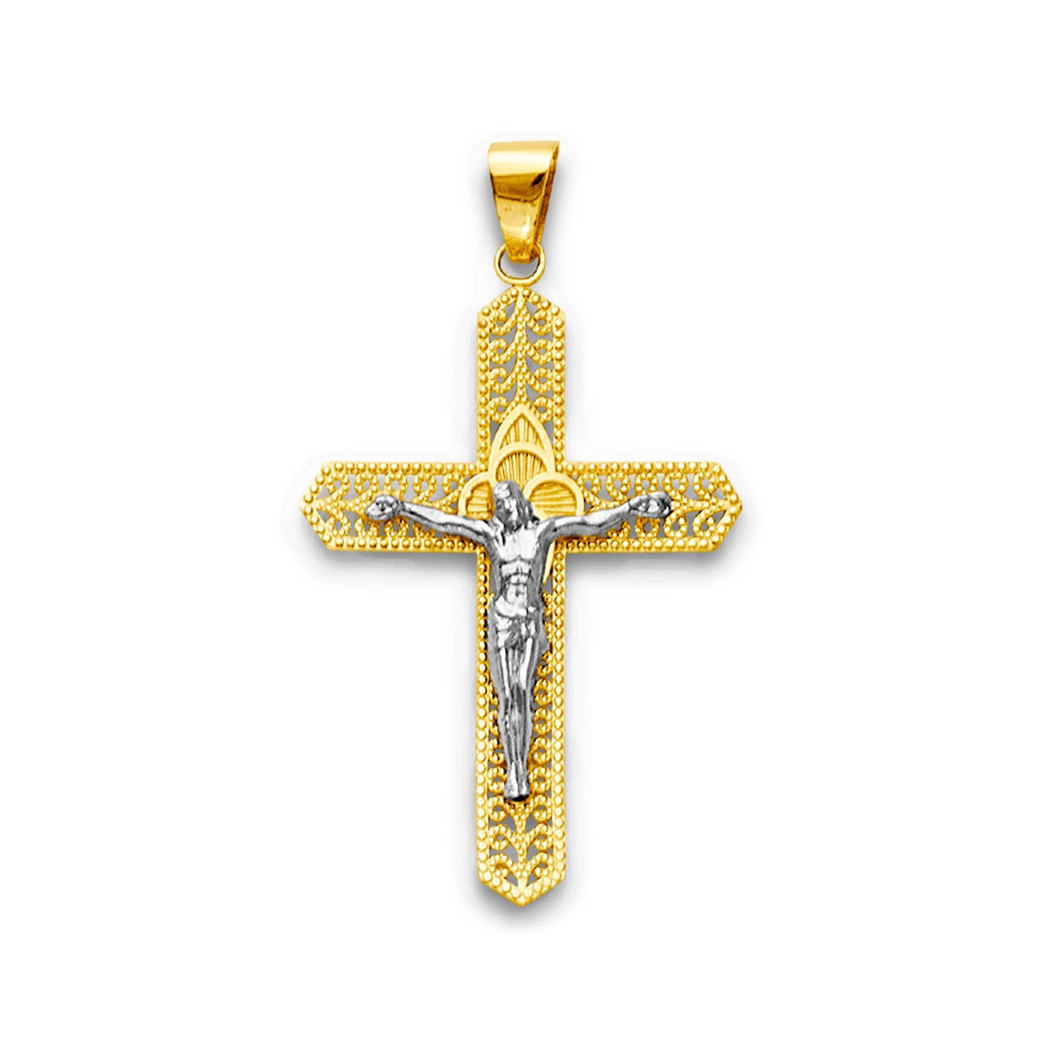 Two Tone Gold Cutout Milgrain Filigree Pointed Crucifix Cross Pendant