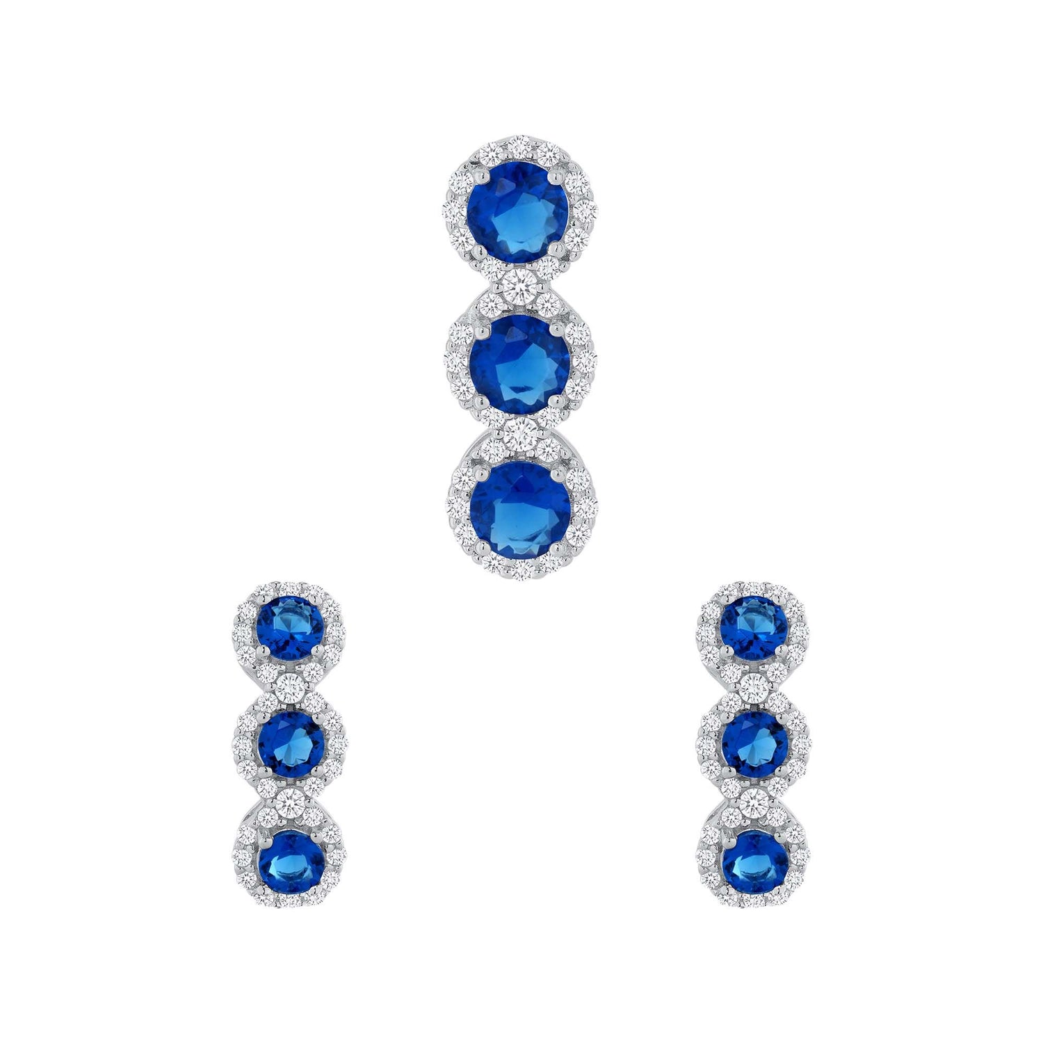 925 Sterling Silver Tri Round Cut Blue CZ with Halo Pendant &amp; Dangle Earrings Jewelry Set