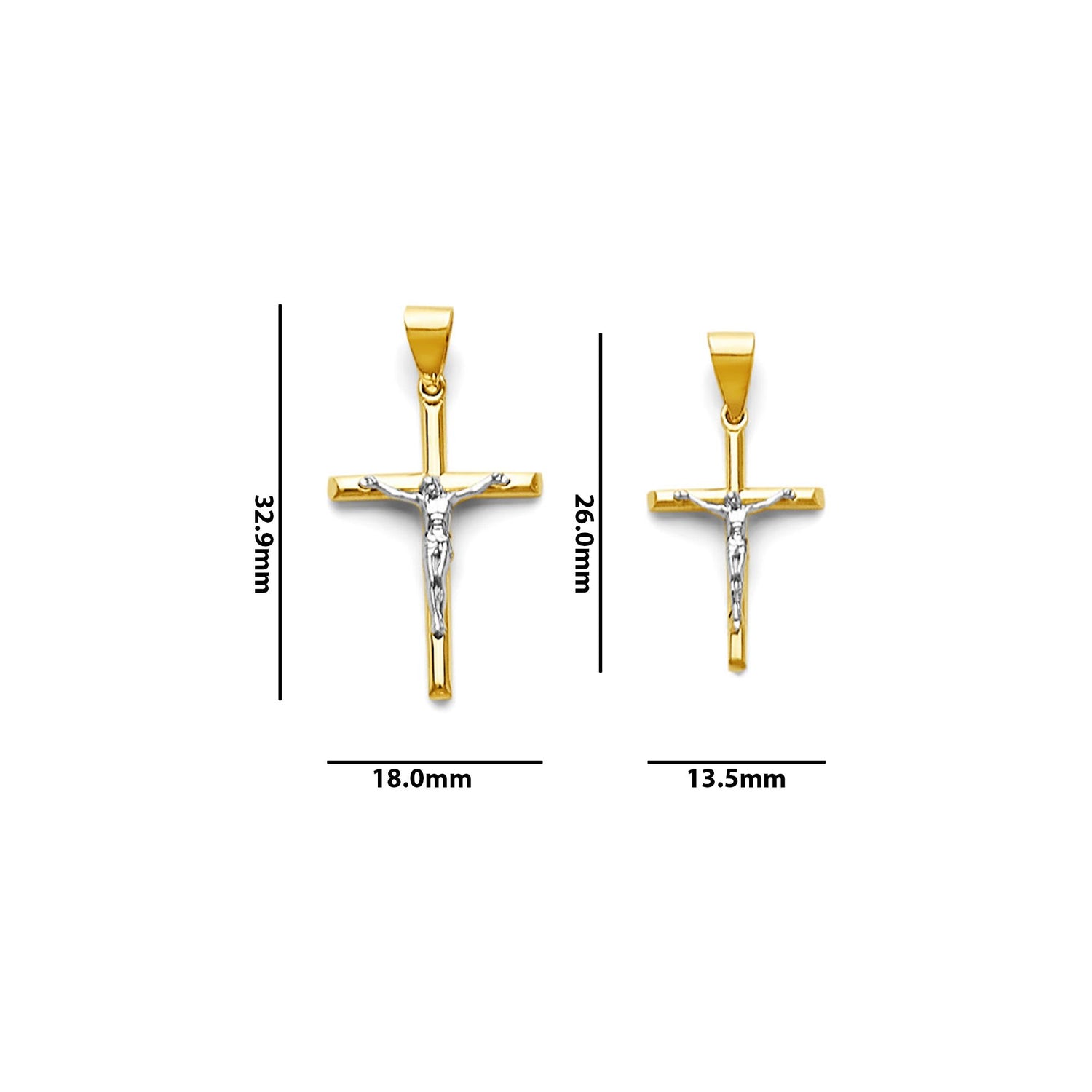Two Tone Gold Crucifix Cross Pendant with Measurement