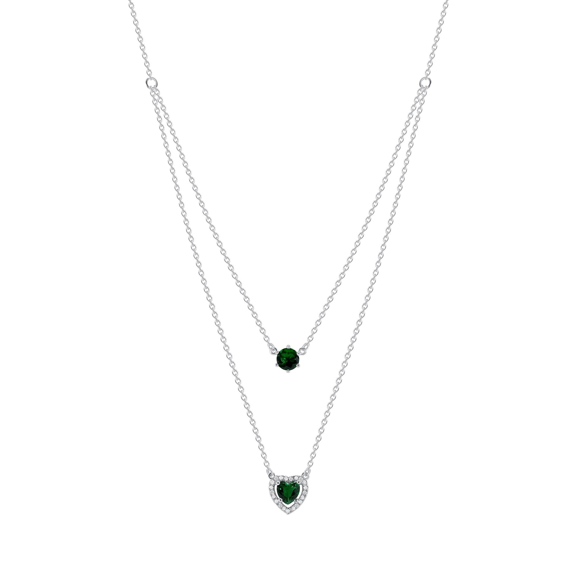 925 Sterling Silver Round Cut &amp; Heart Cut with Halo Green CZ Layered Necklace
