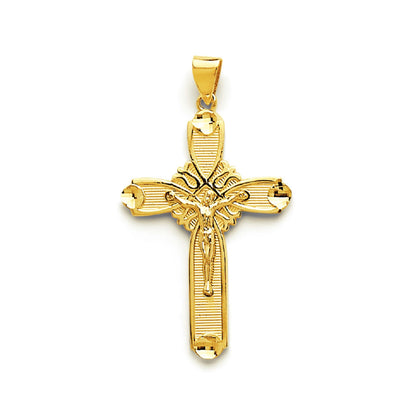 Yellow Gold Rounded Outline Ribbed Crucifix Cross &amp; Diamond Cut Ends Pendant