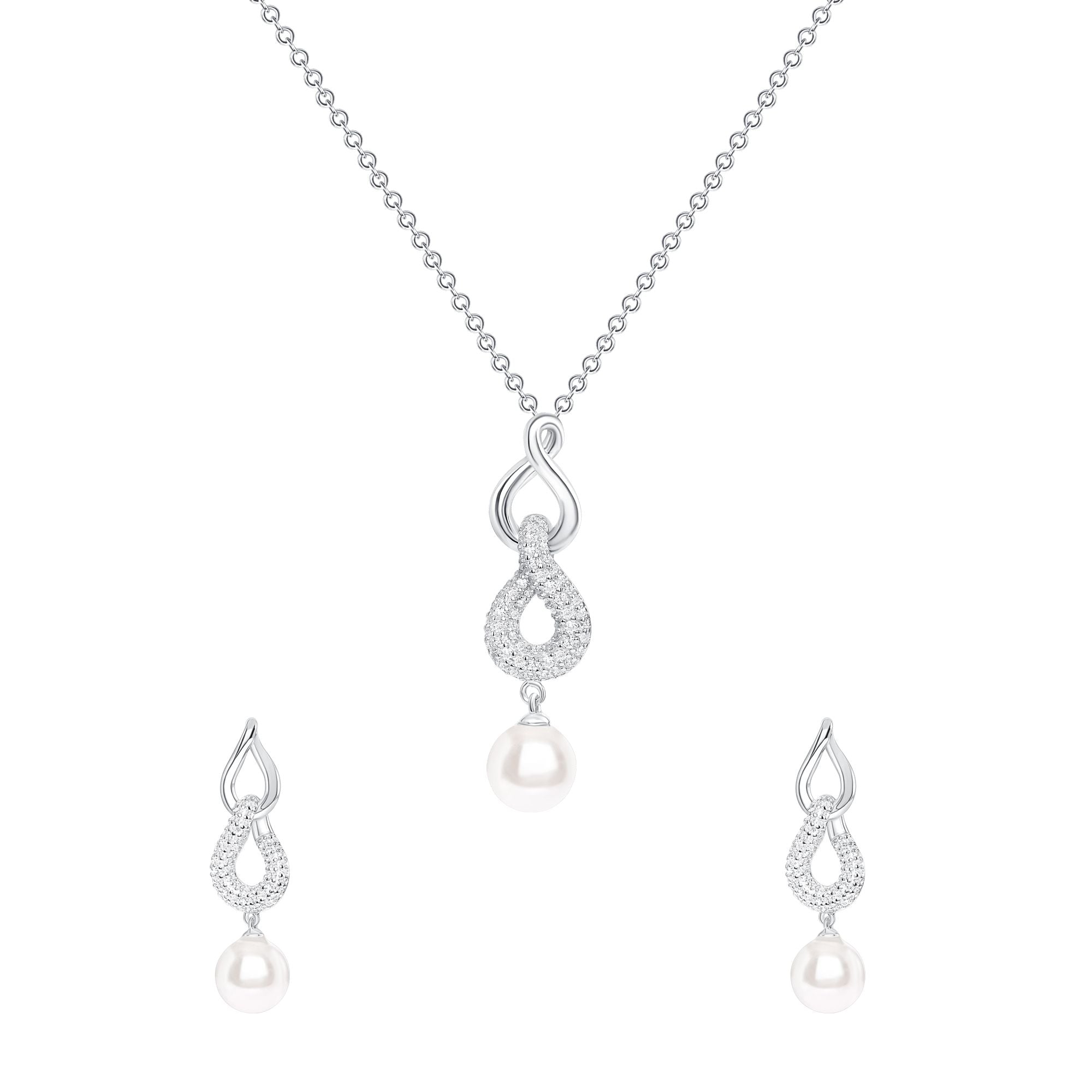 925 Sterling Silver Pearl on Twisted Pavé CZ &amp; Metal Loops Pendant &amp; Dangle Earrings Jewelry Set