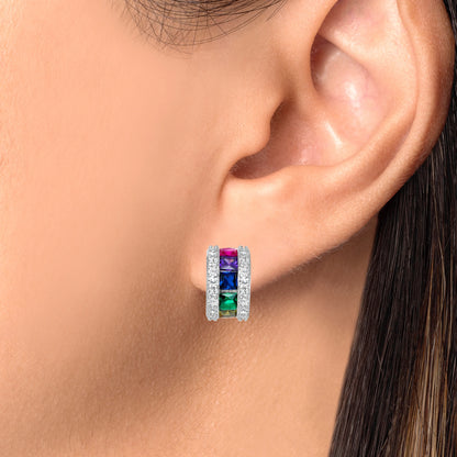 925 Sterling Silver Pavé Square Cut Rainbow CZ with White CZ Sides Pendant &amp; Huggie Earrings Jewelry Set