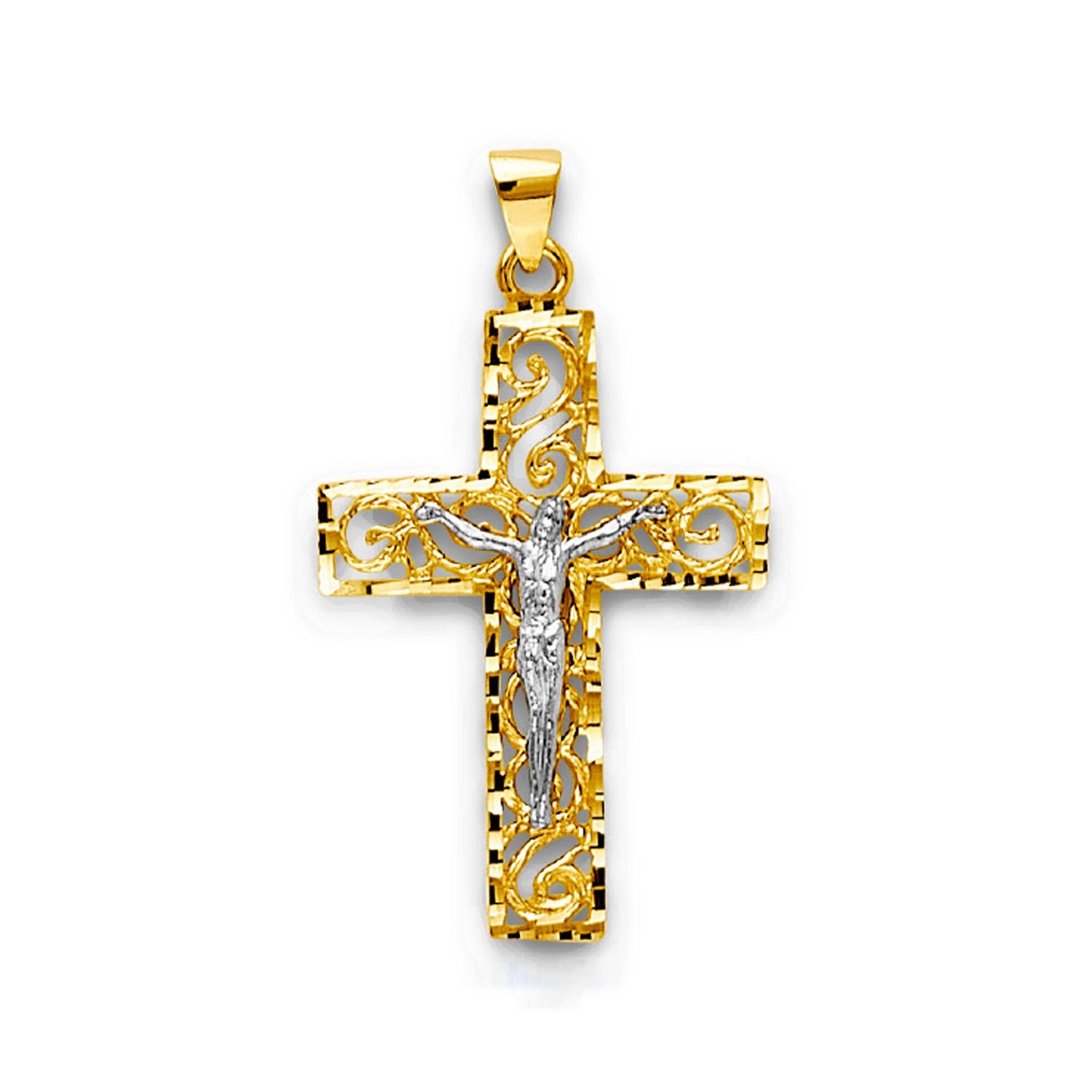 Two Tone Gold Cutout Filigree Diamond Cut Bordered Crucifix Cross Pendant