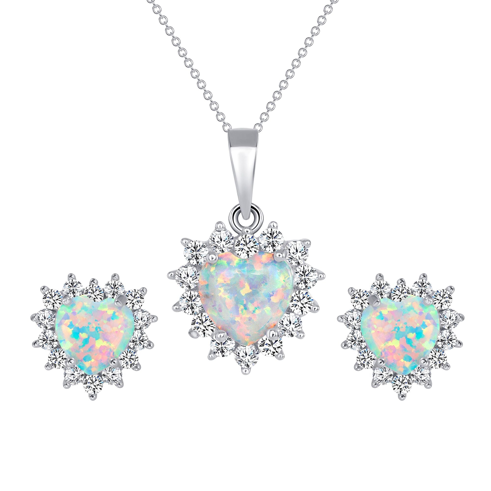 925 Sterling Silver Heart Cut Opal with Round Cut CZ Pointed Halo Pendant &amp; Stud Earrings Jewelry Set