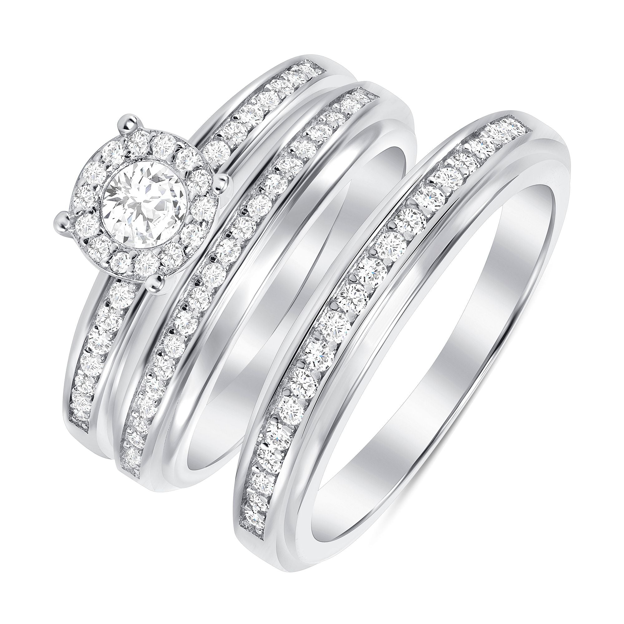 925 Sterling Silver Round CZ with Halo &amp; Channel Bead Setting His &amp; Hers Trio Wedding Set