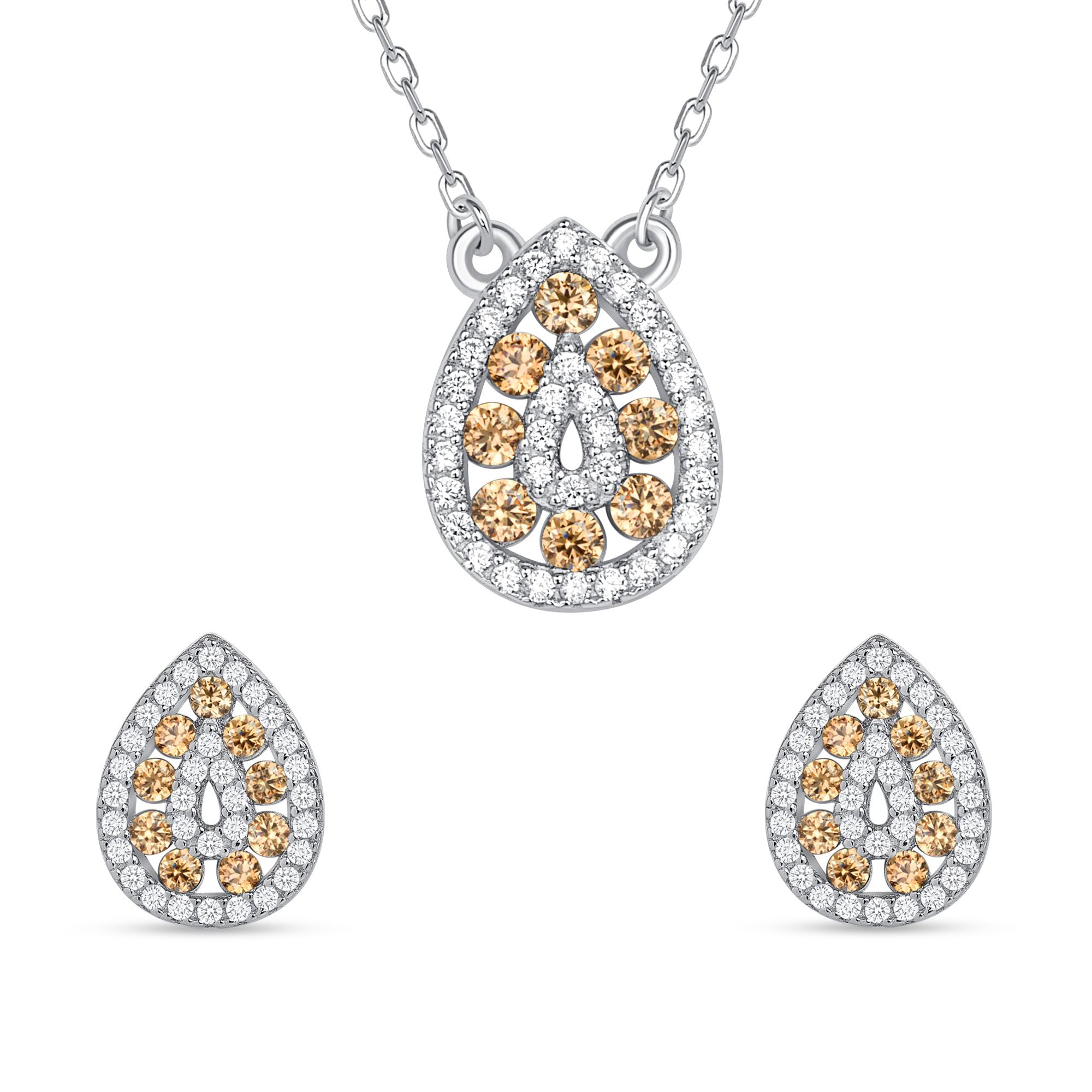 925 Sterling Silver Round Cut Gold &amp; White CZ Alternating Rows Teardrop Pendant &amp; Earrings Jewelry Set