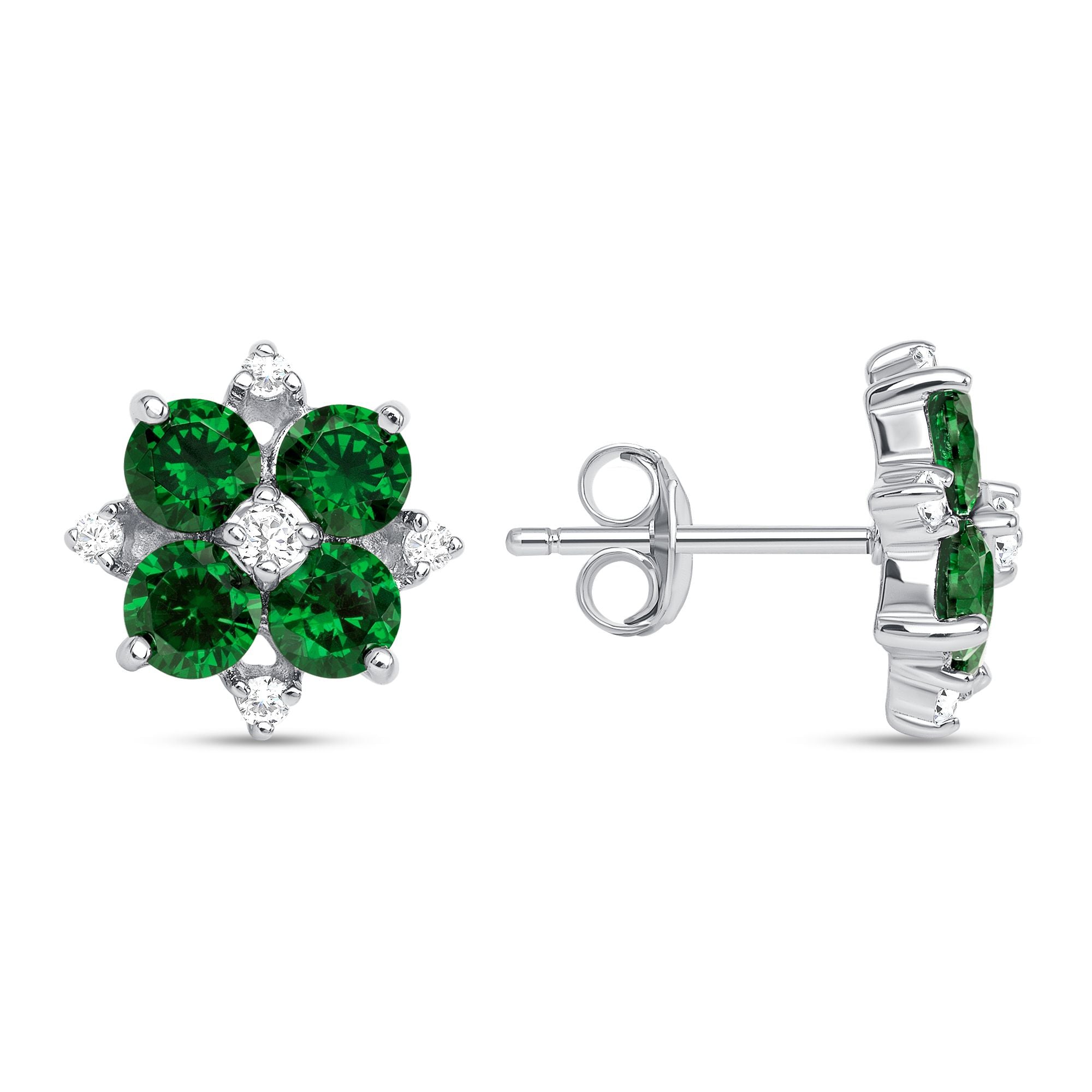 925 Sterling Silver Round Cut Green &amp; White CZ Flower Pendant &amp; Stud Earrings Jewelry Set