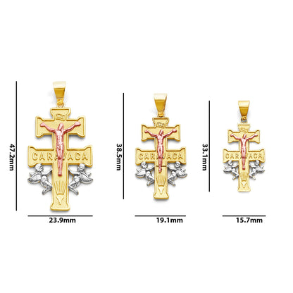 Tri Tone Gold INRI Caravaca Angels &amp; Crucifix Cross Pendant with Measurement