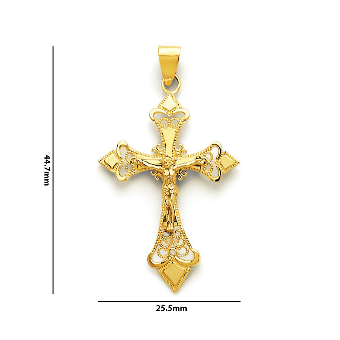 Yellow Gold Milgrain Filigree Decorated Patonce Crucifix Cross Pendant with Measurement