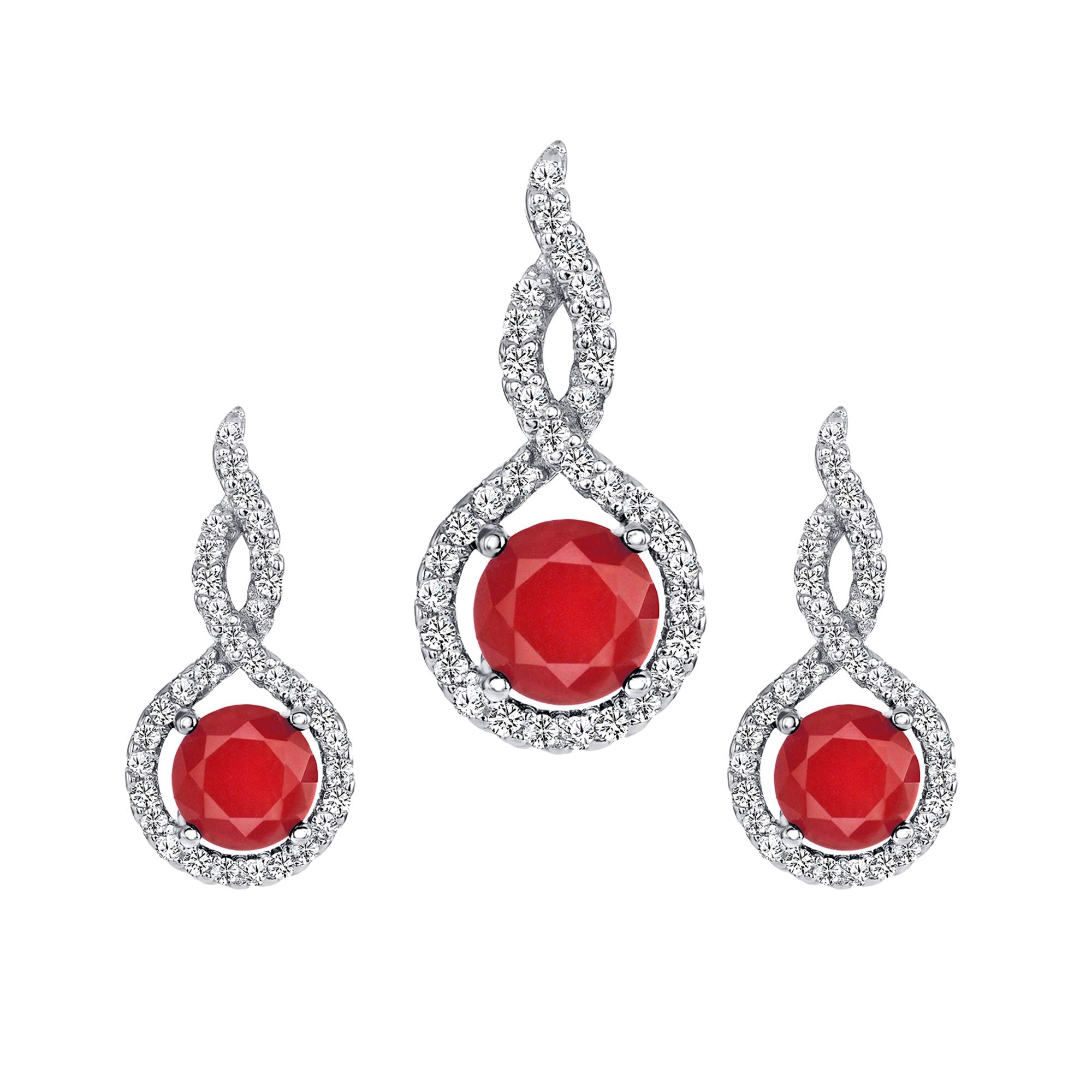 925 Sterling Silver Round Cut Red CZ with Twisted CZ Halo Teardrop Pendant &amp; Earrings Jewelry Set
