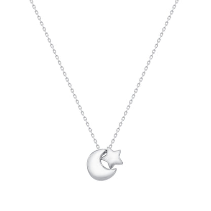 925 Sterling Silver Cresent Moon &amp; Star Pendant Necklace