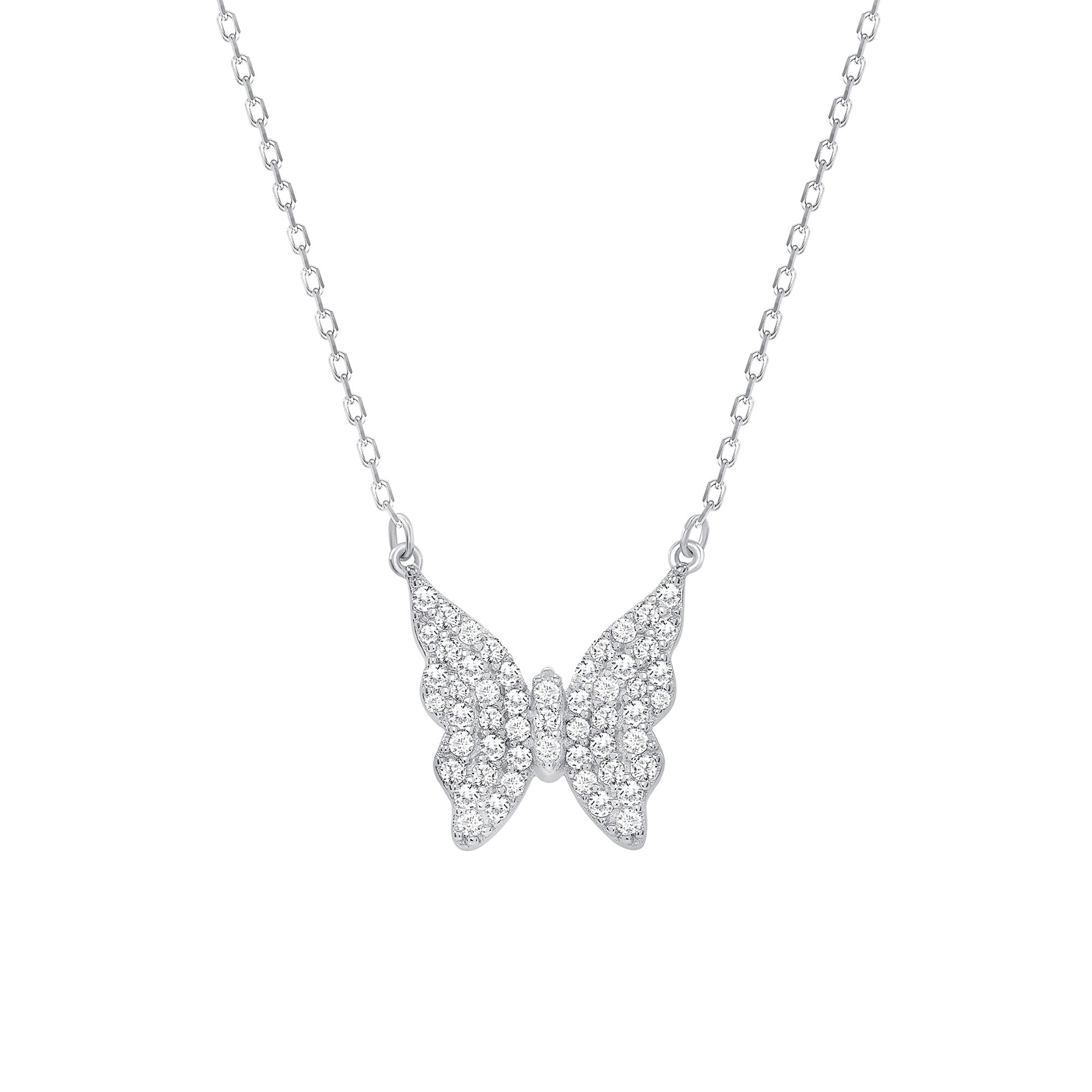 925 Sterling Silver Pavé CZ Butterfly Pendant Necklace
