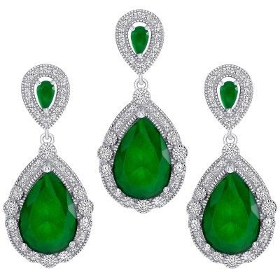925 Sterling Silver Pear Cut Green CZ with Round Cut White CZ &amp; Milgrain Vintage Halo Teardrop Pendant &amp; Earrings Jewelry Set