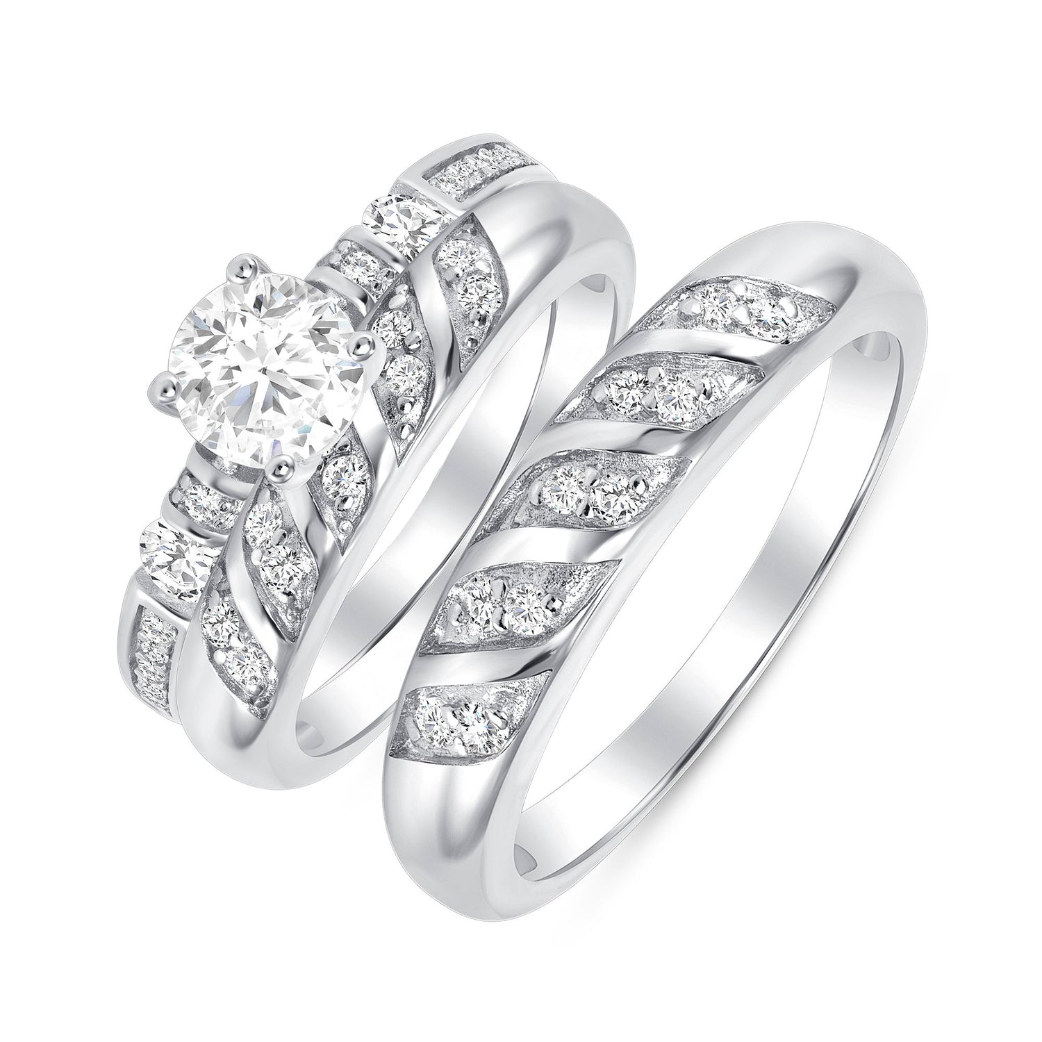 925 Sterling Silver Round CZ with Graduated &amp; Channel Bead Setting CZ His &amp; Hers Trio Wedding Set