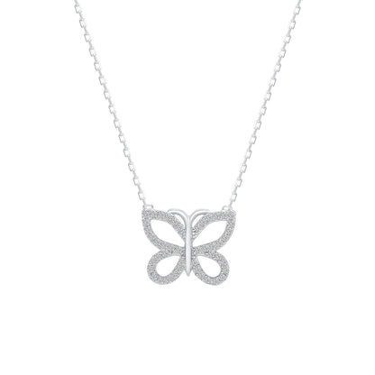 925 Sterling Silver CZ Winged Butterfly Outline Pendant Necklace