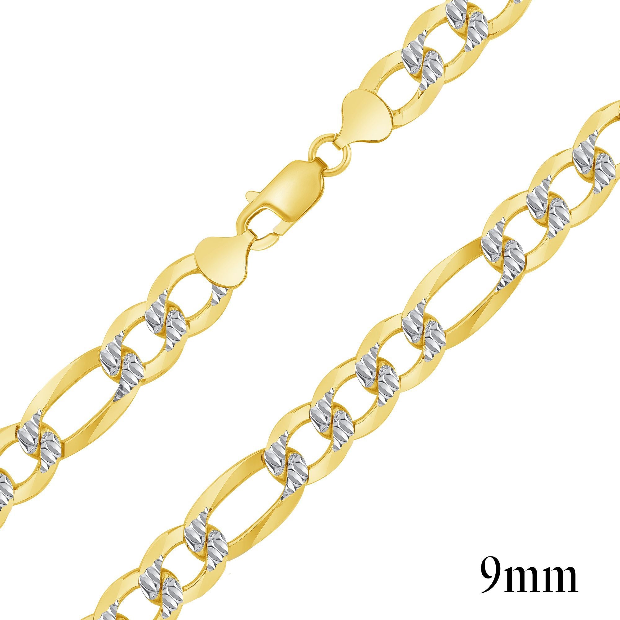 925 Sterling Silver Gold Plated Two-Tone Pavé 9mm Figaro Chain