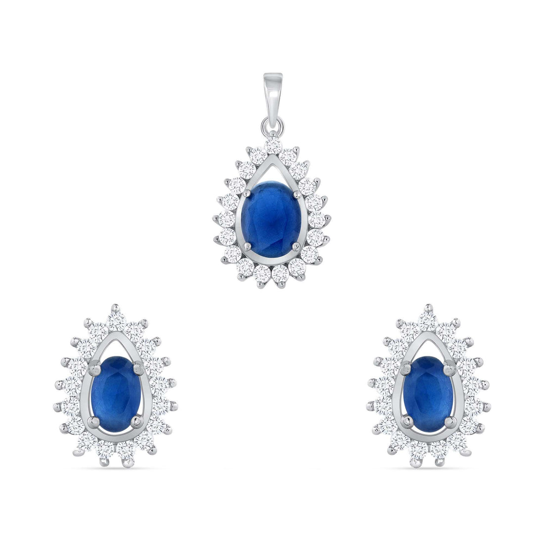 925 Sterling Silver Oval Cut Blue CZ with White CZ Pointed Halo Teardrop Pendant &amp; Earrings Jewelry Set