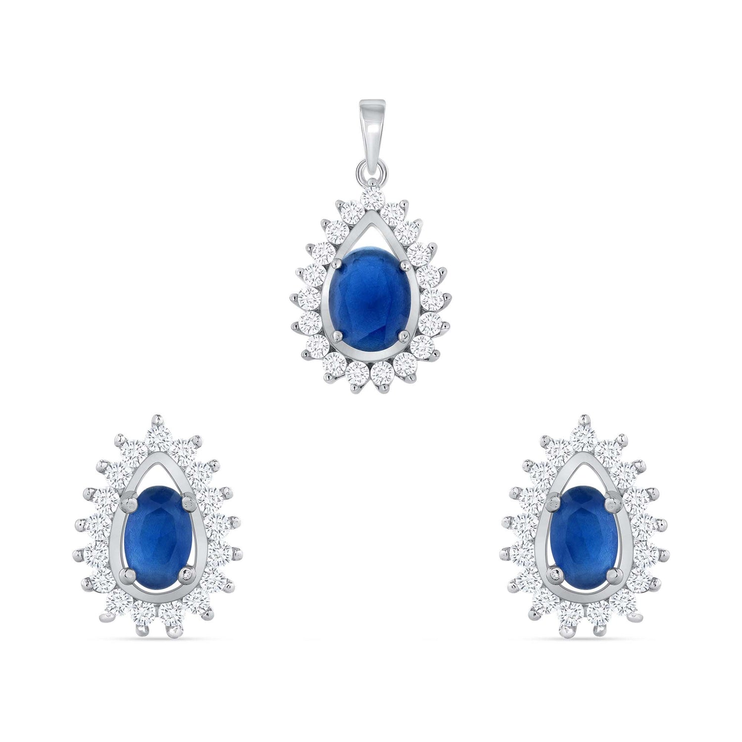 925 Sterling Silver Oval Cut Blue CZ with White CZ Pointed Halo Teardrop Pendant &amp; Earrings Jewelry Set