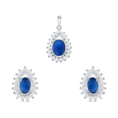 925 Sterling Silver Oval Cut Blue CZ with White CZ Pointed Halo Teardrop Pendant &amp; Earrings Jewelry Set