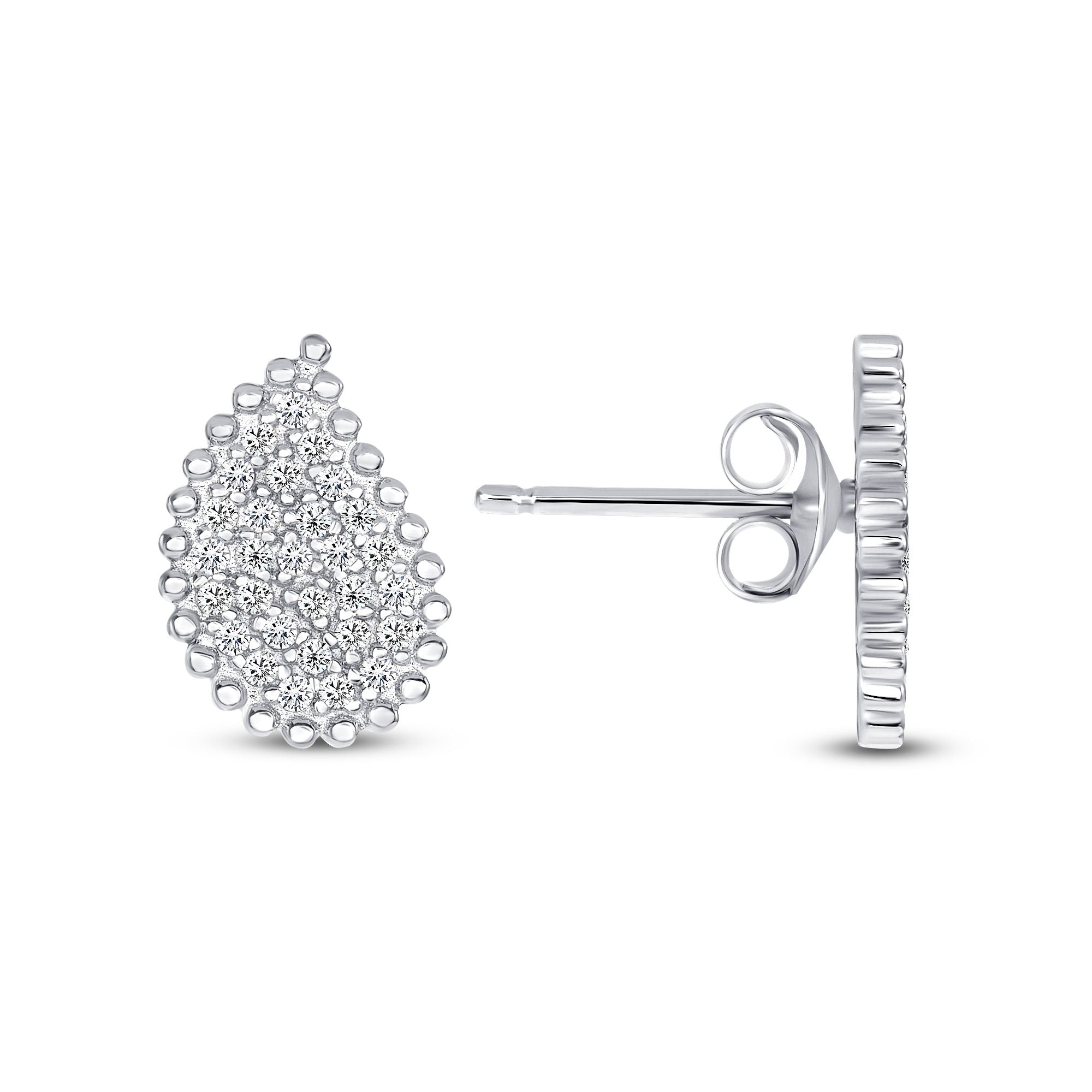 925 Sterling Silver Pavé CZ with Milgrain Border Teardrop Pendant &amp; Stud Earrings Jewelry Set