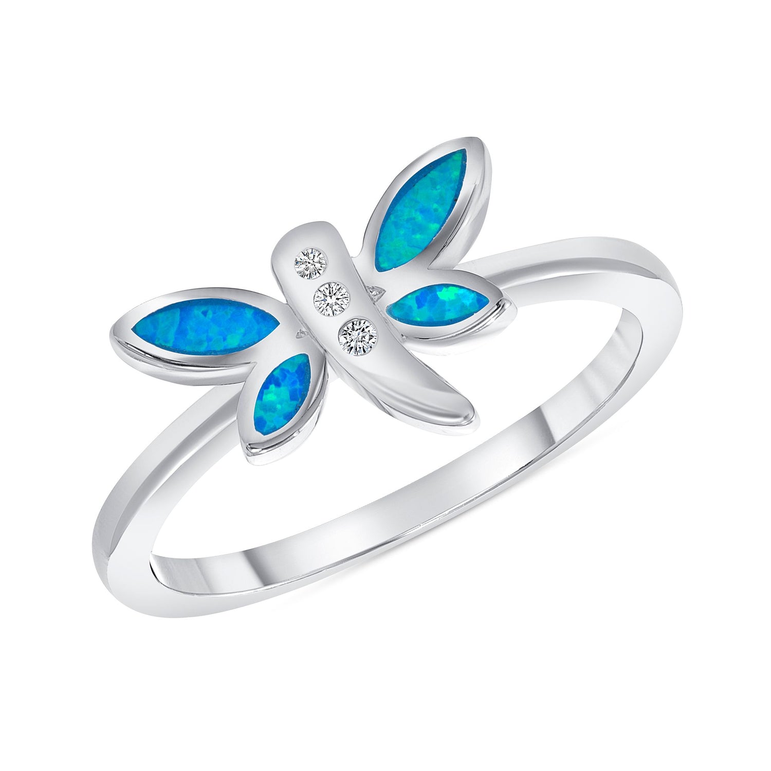 925 Sterling Silver Marquise Blue Opal and CZ Dragonfly Fashion Ring