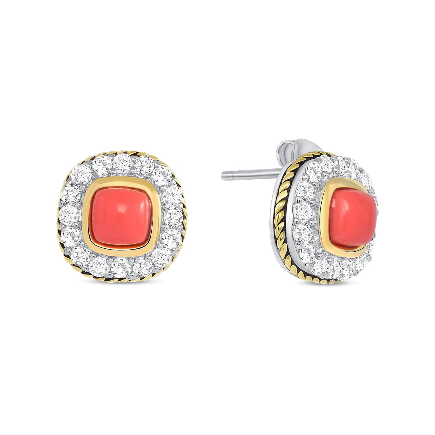 925 Sterling Silver Square Cut Coral with CZ Halo &amp; Rope Border Two Tone Pendant &amp; Stud Earrings Jewelry Set