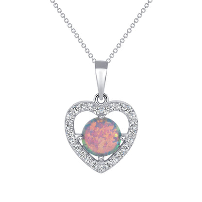 925 Sterling Silver Heart Cut Opal with Round Cut CZ Heart Halo Pendant &amp; Stud Earrings Jewelry Set