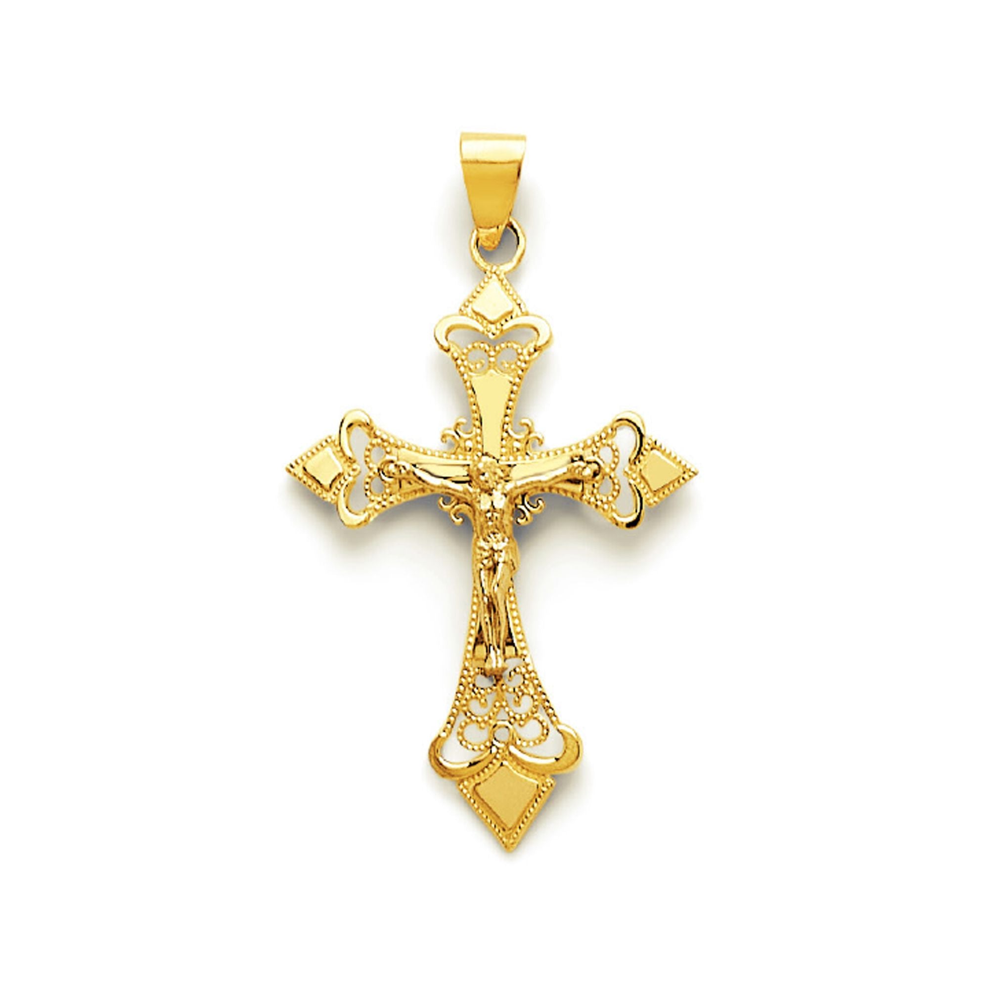 Yellow Gold Milgrain Filigree Decorated Patonce Crucifix Cross Pendant