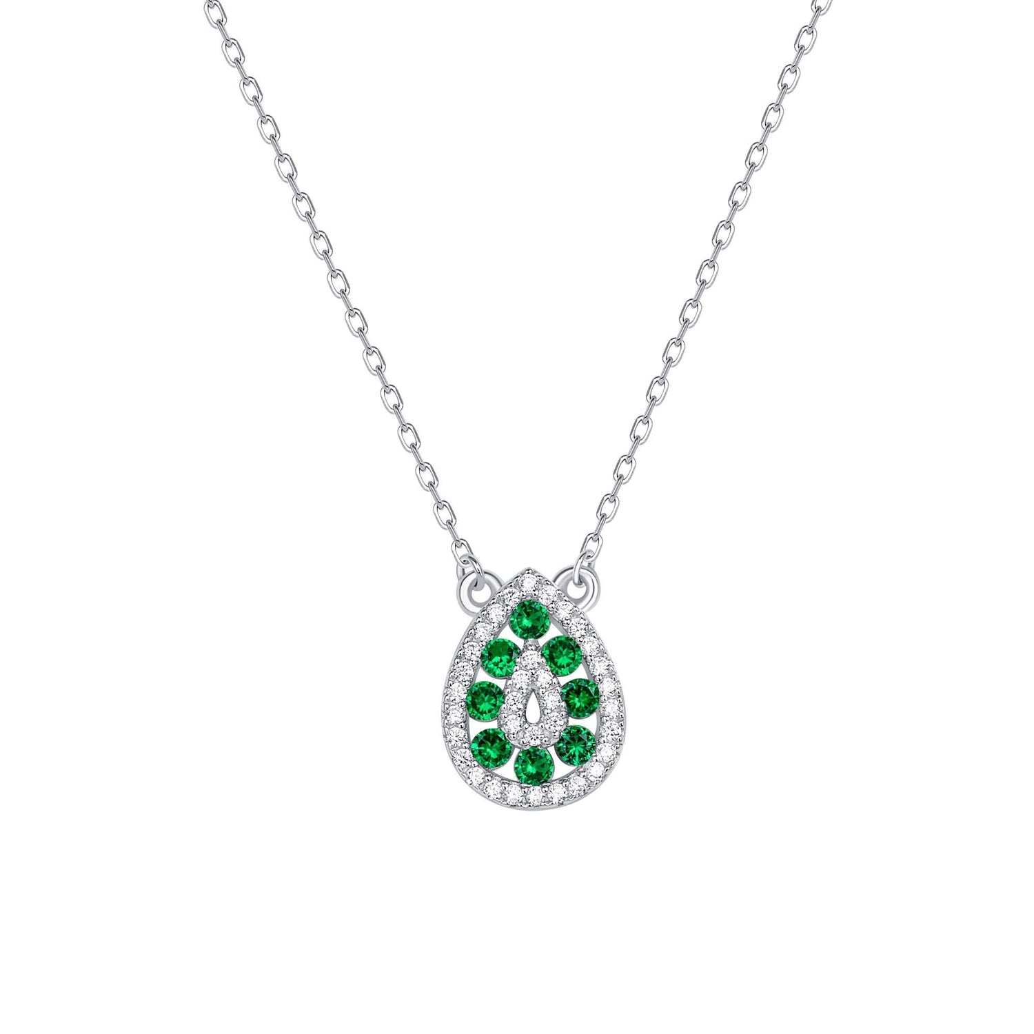 925 Sterling Silver Round Cut Green &amp; White CZ Alternating Rows Teardrop Pendant &amp; Earrings Jewelry Set