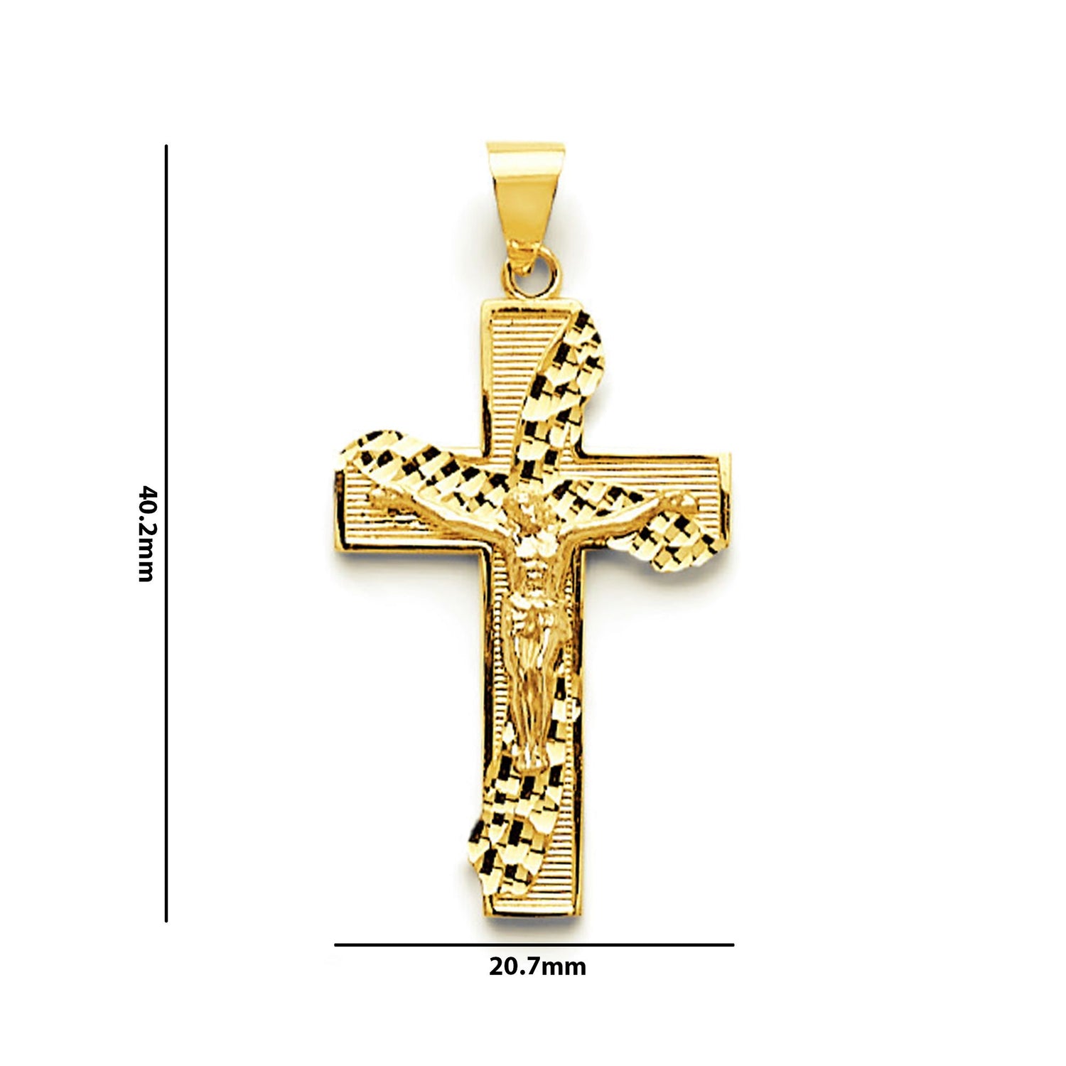 Yellow Gold Outlined Ribbed Crucifix Cross &amp; Diamond Cut Cross Wrap Pendant with Measurement