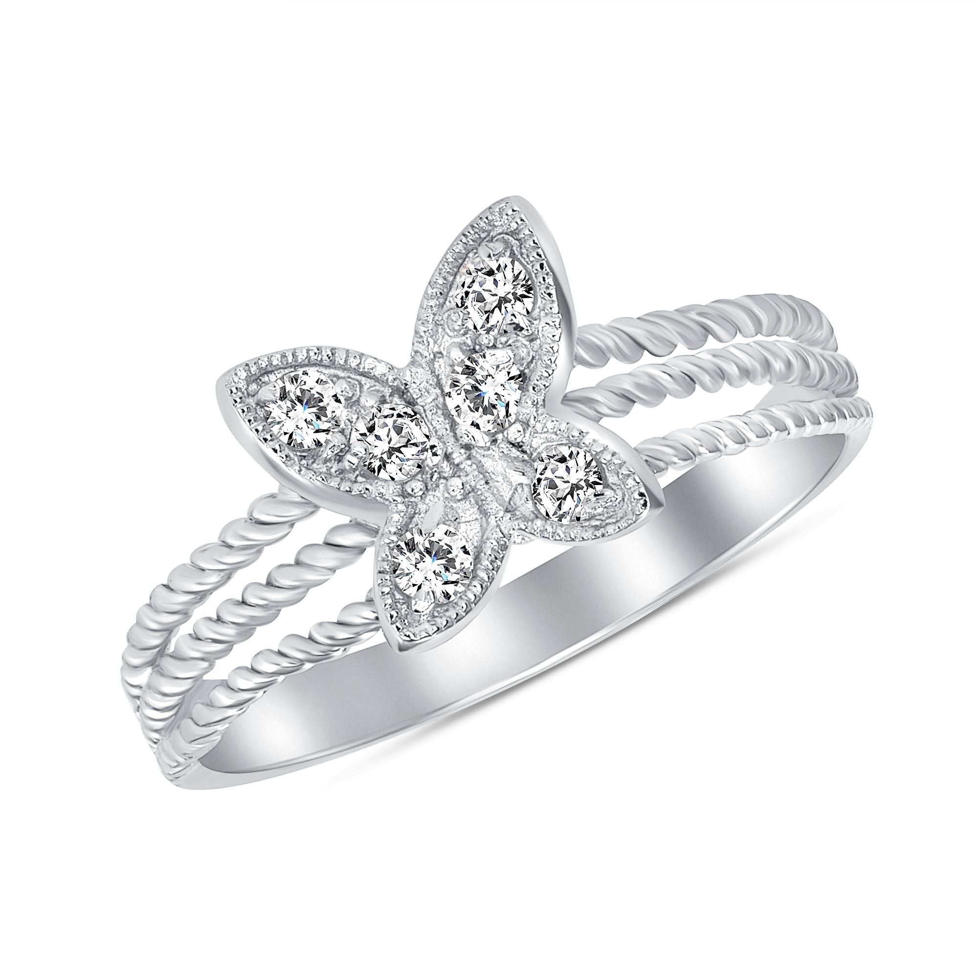 925 Sterling Silver Round CZ Butterfly Rope Fashion Ring
