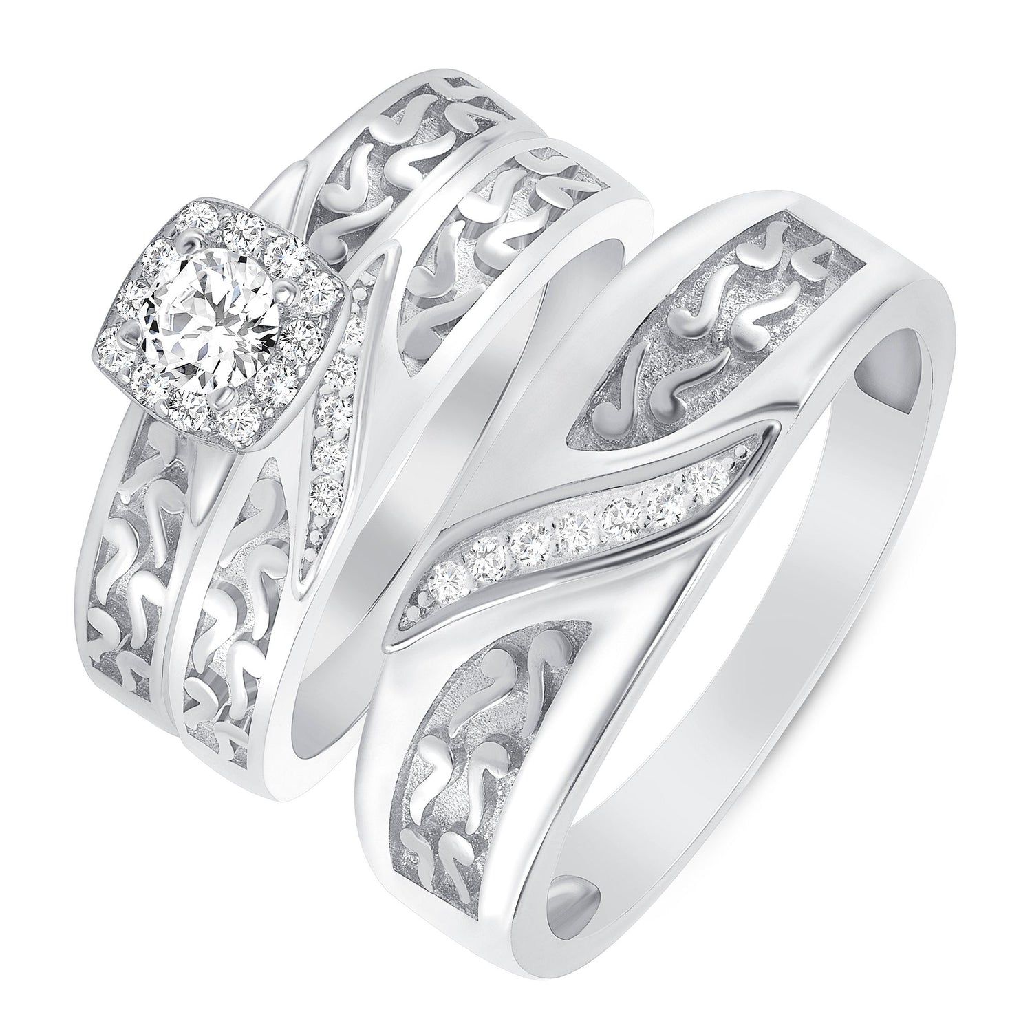 925 Sterling Silver Round CZ with Square Halo &amp; Wave Detailing His &amp; Hers Trio Wedding Set