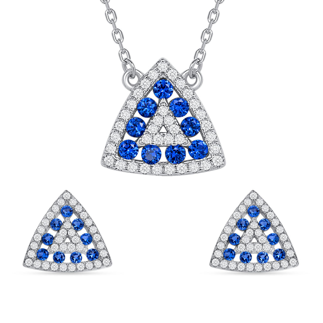 925 Sterling Silver Round Cut Blue &amp; White CZ Alternating Rows Triangle Pendant &amp; Stud Earrings Jewelry Set