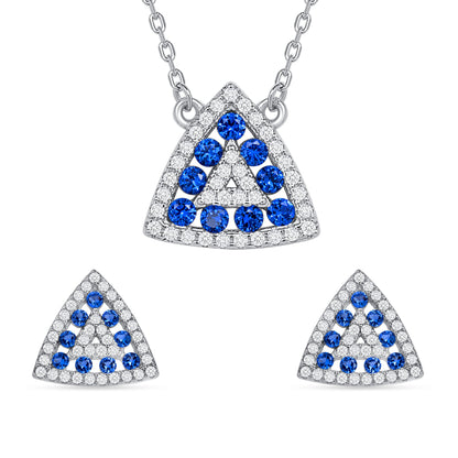 925 Sterling Silver Round Cut Blue &amp; White CZ Alternating Rows Triangle Pendant &amp; Stud Earrings Jewelry Set