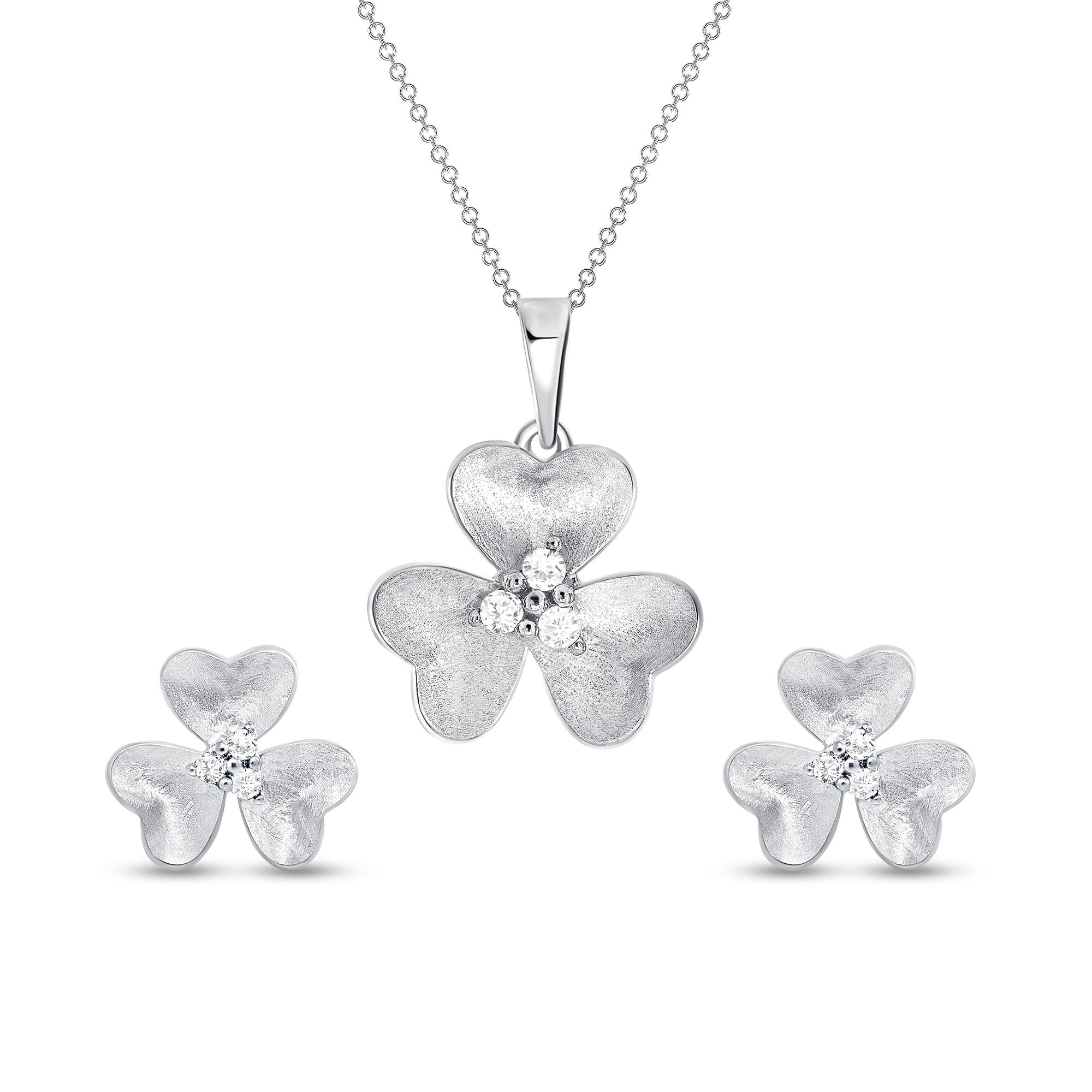 925 Sterling Silver Tri Round Cut White CZ Clover Pendant &amp; Stud Earrings Jewelry Set