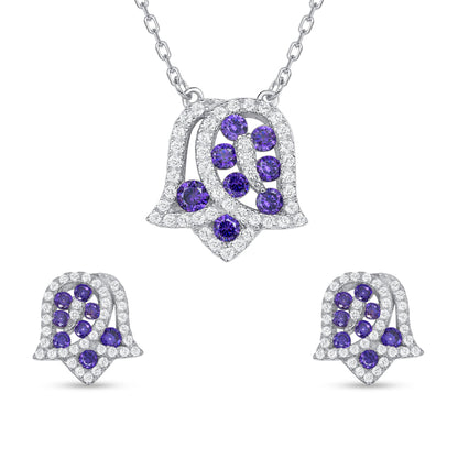 925 Sterling Silver Round Cut Purple &amp; White CZ Flower Pendant &amp; Stud Earrings Jewelry Set