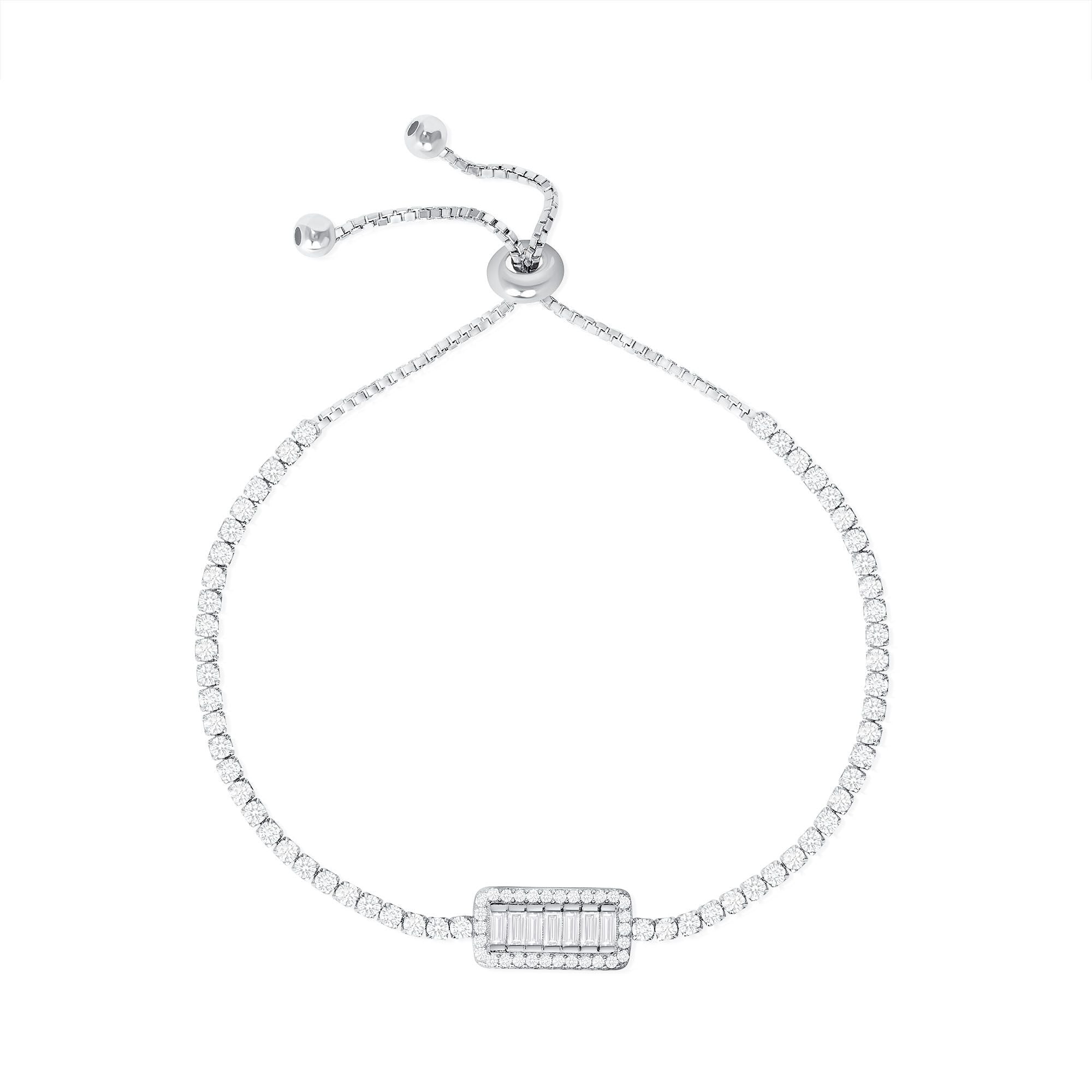 925 Sterling Silver Baguette CZ Bar with Halo &amp; Round CZ Tennis Bolo Bracelet