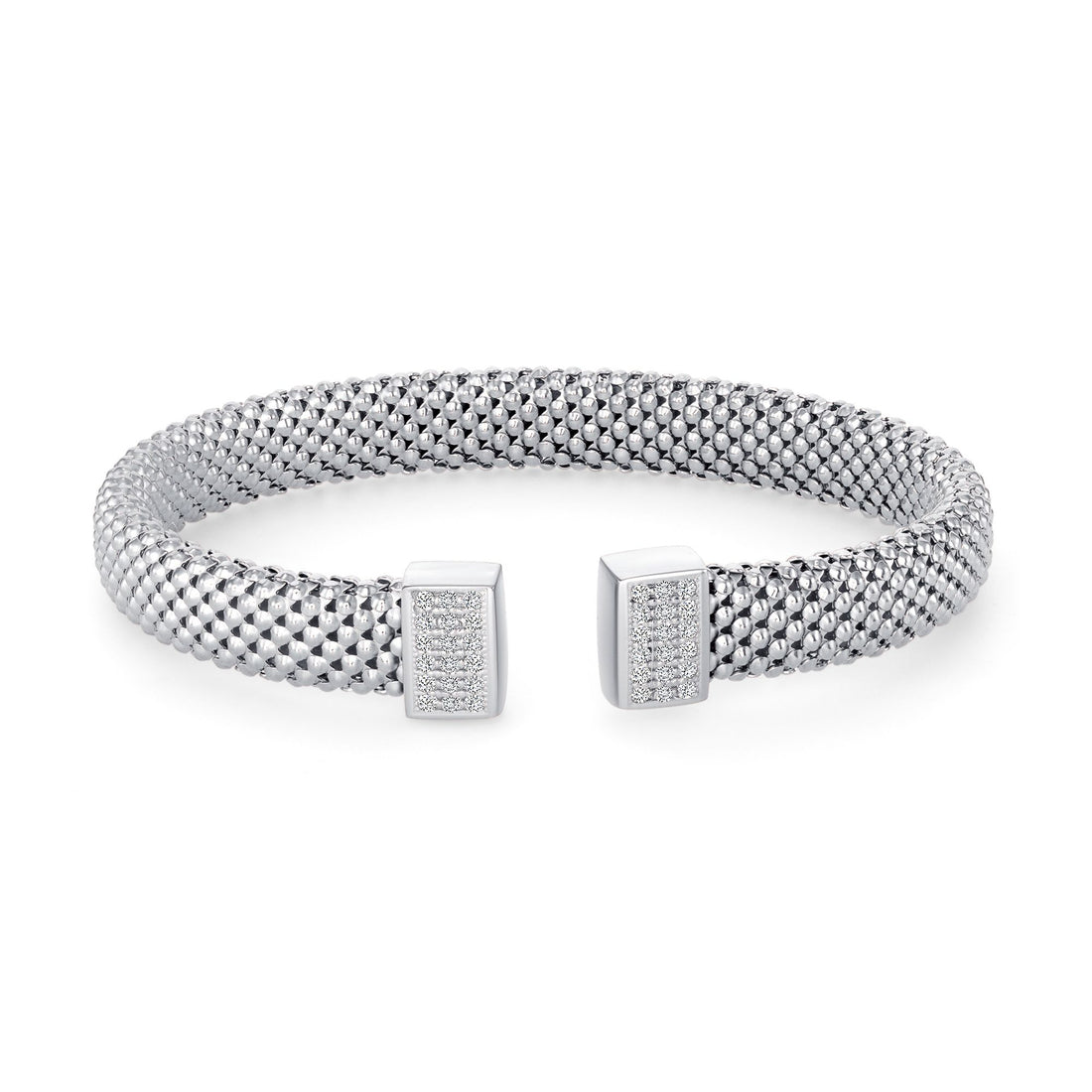 925 Sterling Silver CZ Block Ends Popcorn Cuff Bracelet