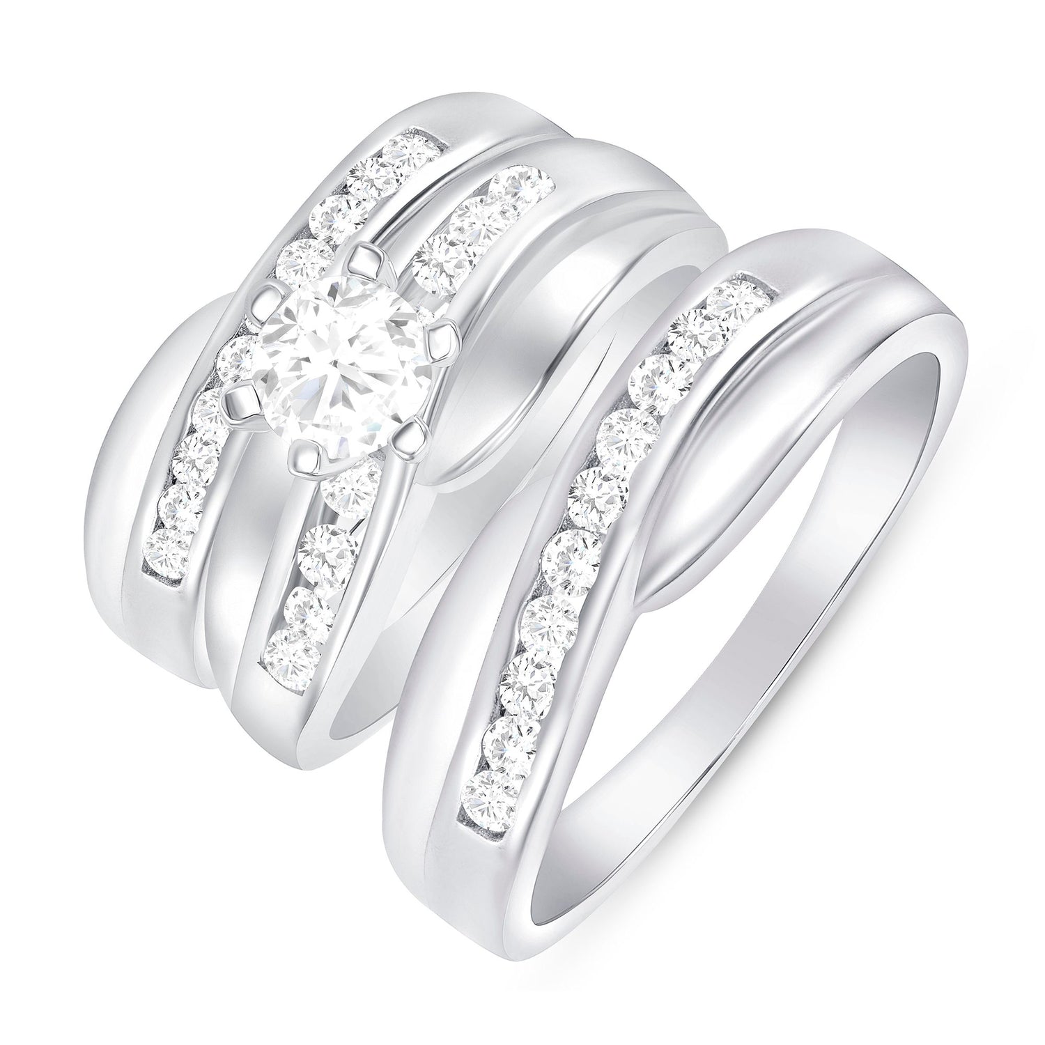 925 Sterling Silver Round CZ &amp; Channel Set CZ Wave His &amp; Hers Trio Wedding Set