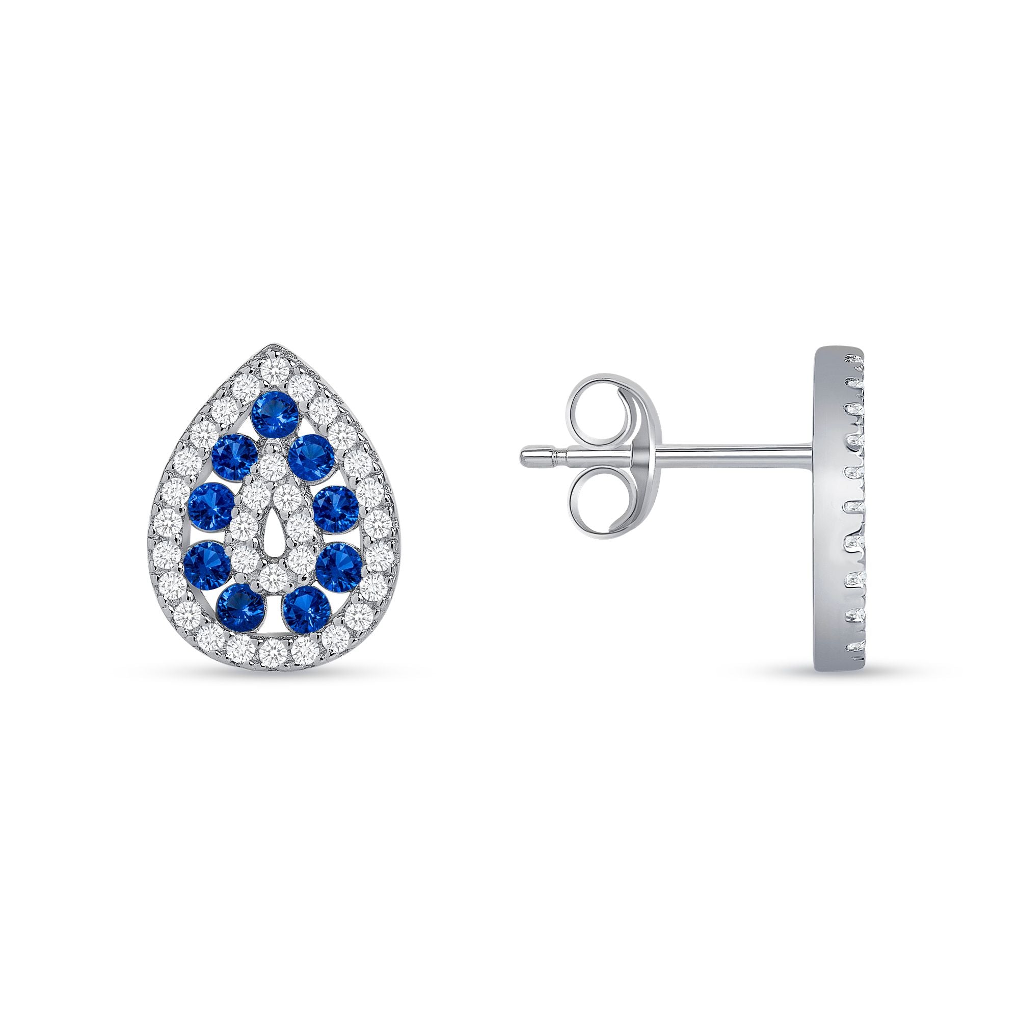 925 Sterling Silver Round Cut Blue &amp; White CZ Alternating Rows Teardrop Pendant &amp; Earrings Jewelry Set