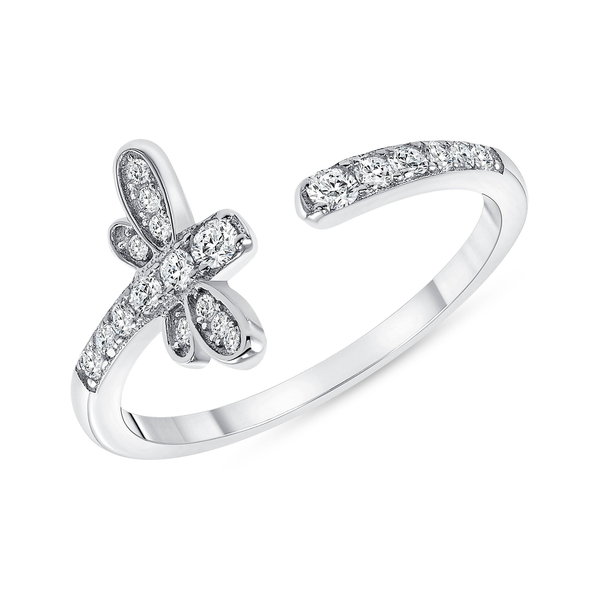 925 Sterling Silver Round CZ Dragonfly Open Fashion Ring