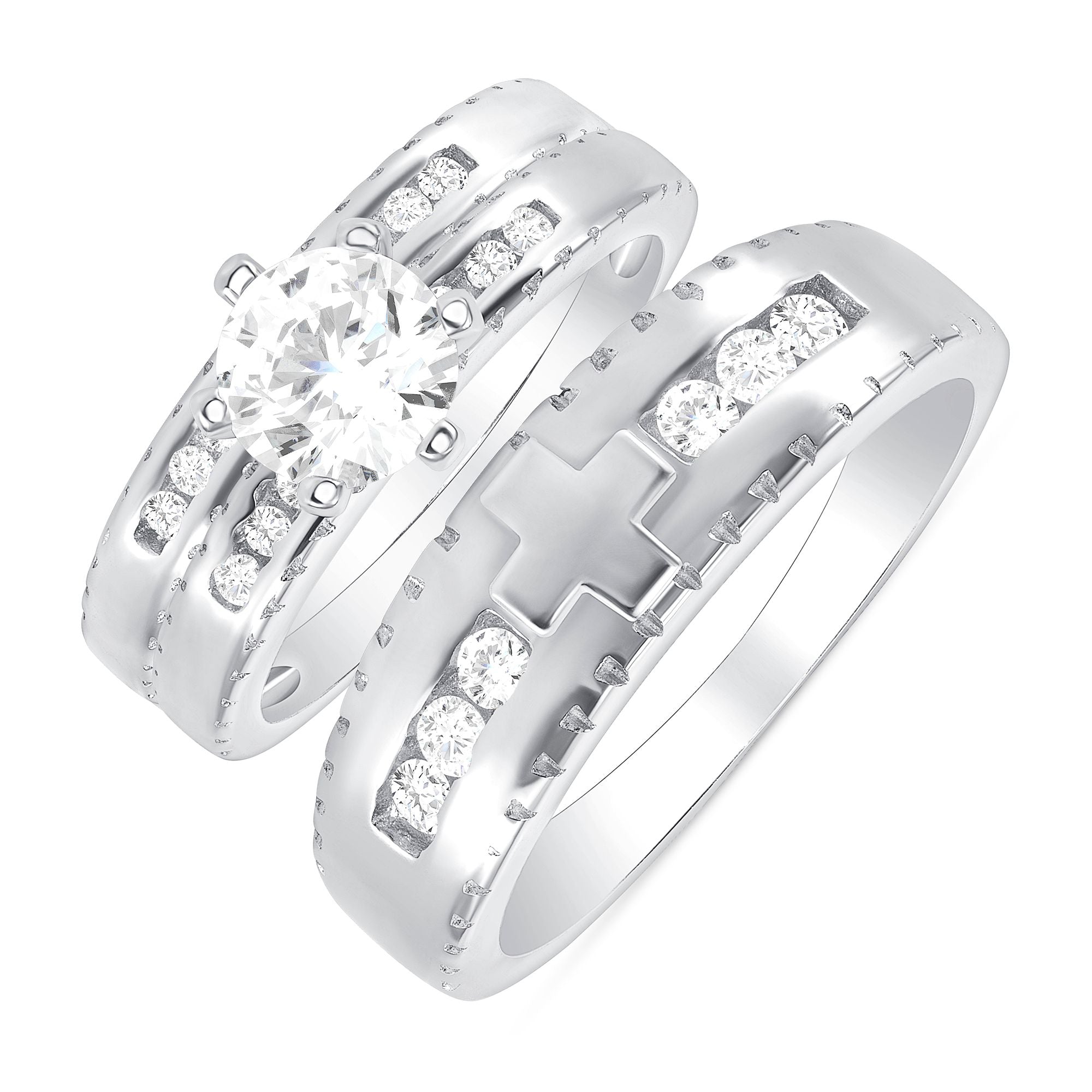 925 Sterling Silver Round CZ with Channel Set Band &amp; Cross His &amp; Hers Trio Wedding Set