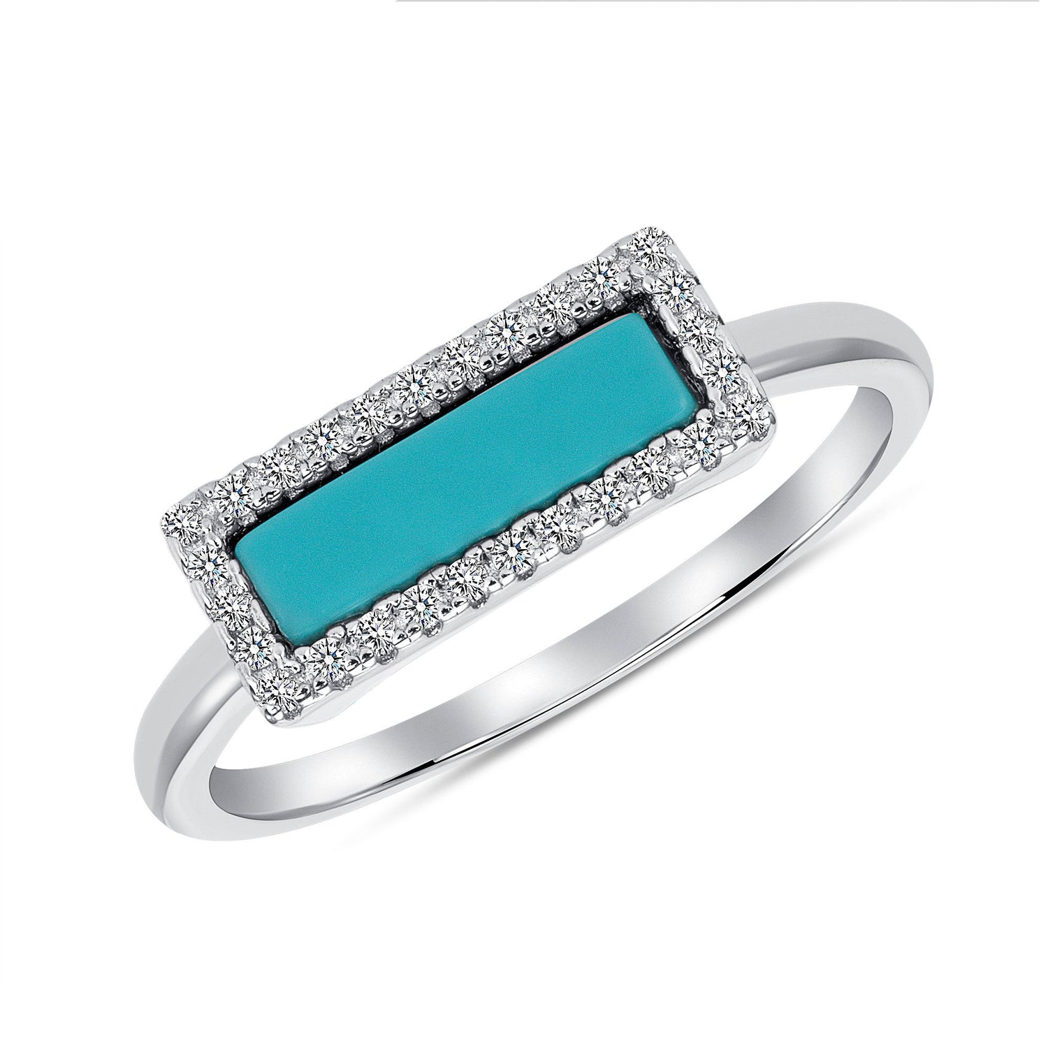 925 Sterling Silver Rectangular Turquoise and Round CZ Ring