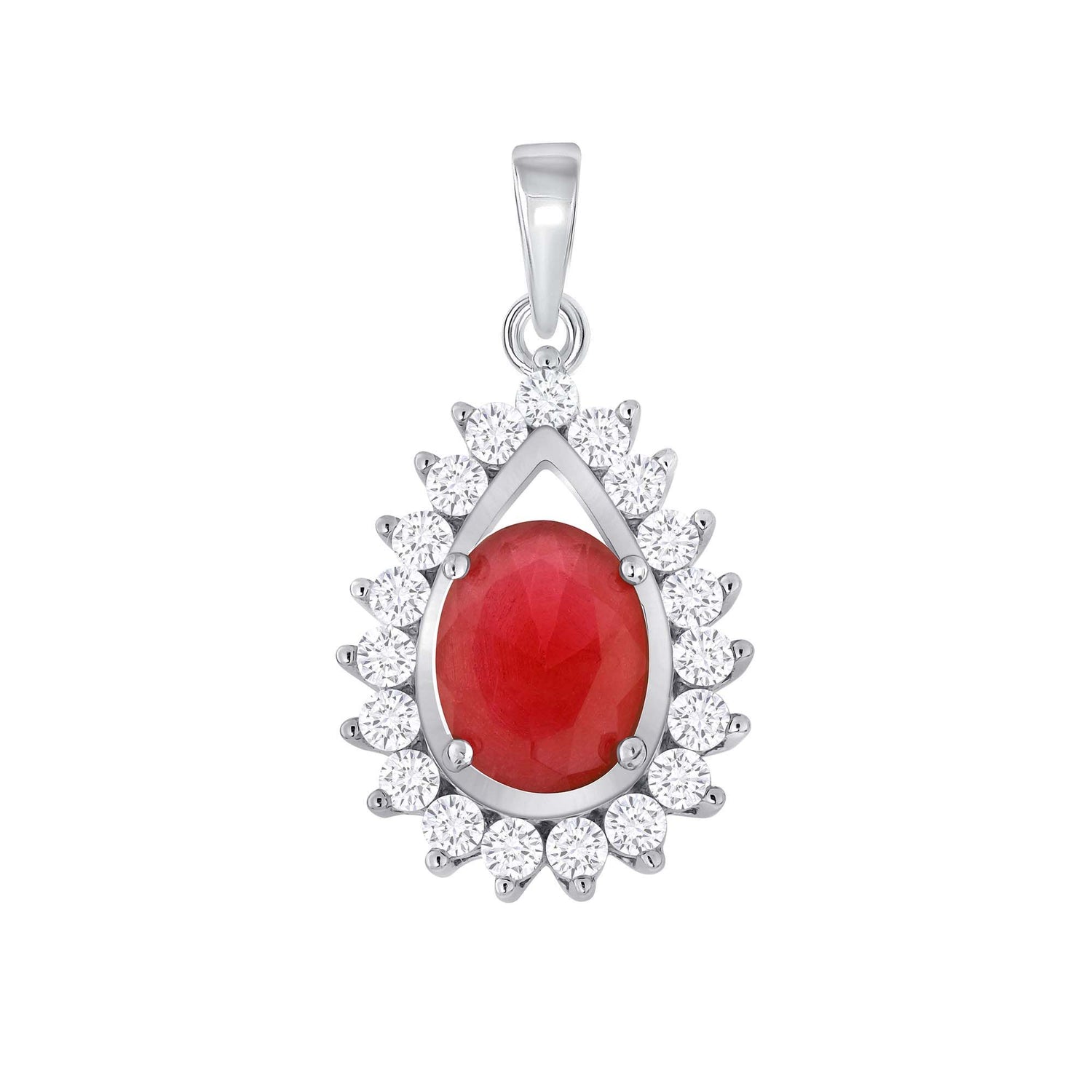 925 Sterling Silver Oval Cut Red CZ with White CZ Pointed Halo Teardrop Pendant &amp; Earrings Jewelry Set
